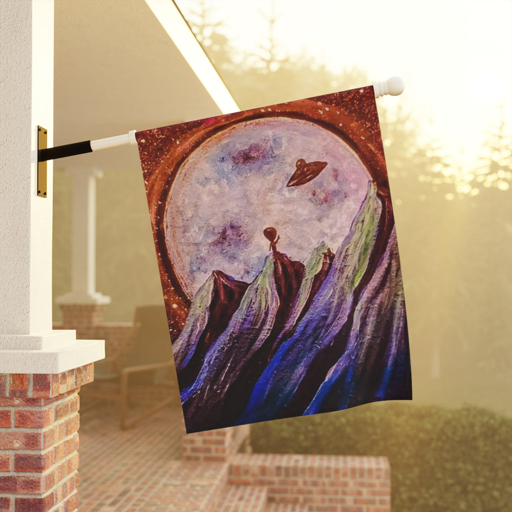 Celestial Garden Banner, Cosmic House Flag, Outdoor Flag Decor, Space Theme Banner, Alien Landscape Garden Flag, Unique Yard Art