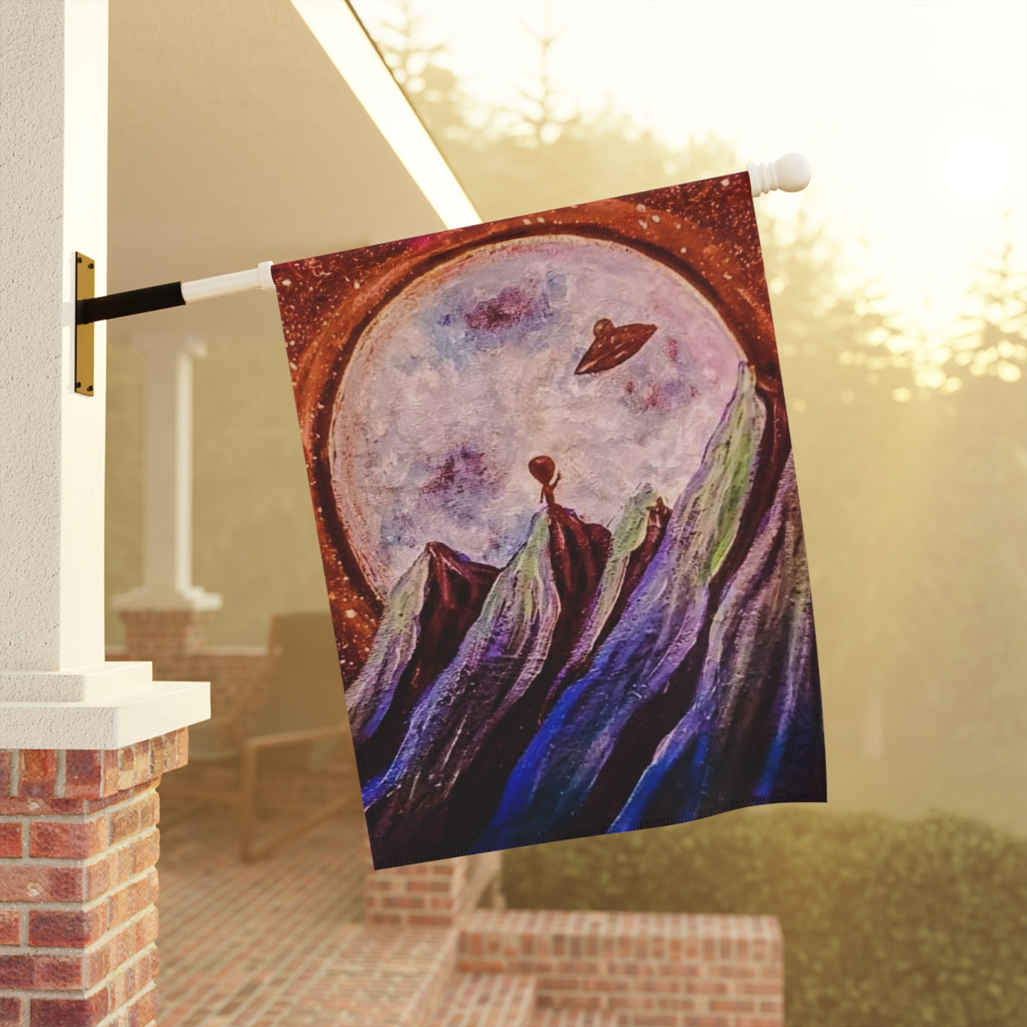 Celestial Garden Banner, Cosmic House Flag, Outdoor Flag Decor, Space Theme Banner, Alien Landscape Garden Flag, Unique Yard Art