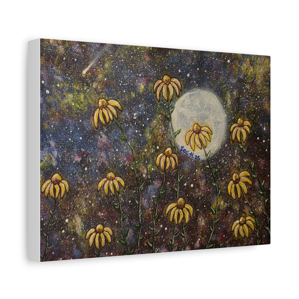 Moonlit Black-Eyed Susans Canvas Print — Botanical Night Sky Wall Art (Matte Stretched)