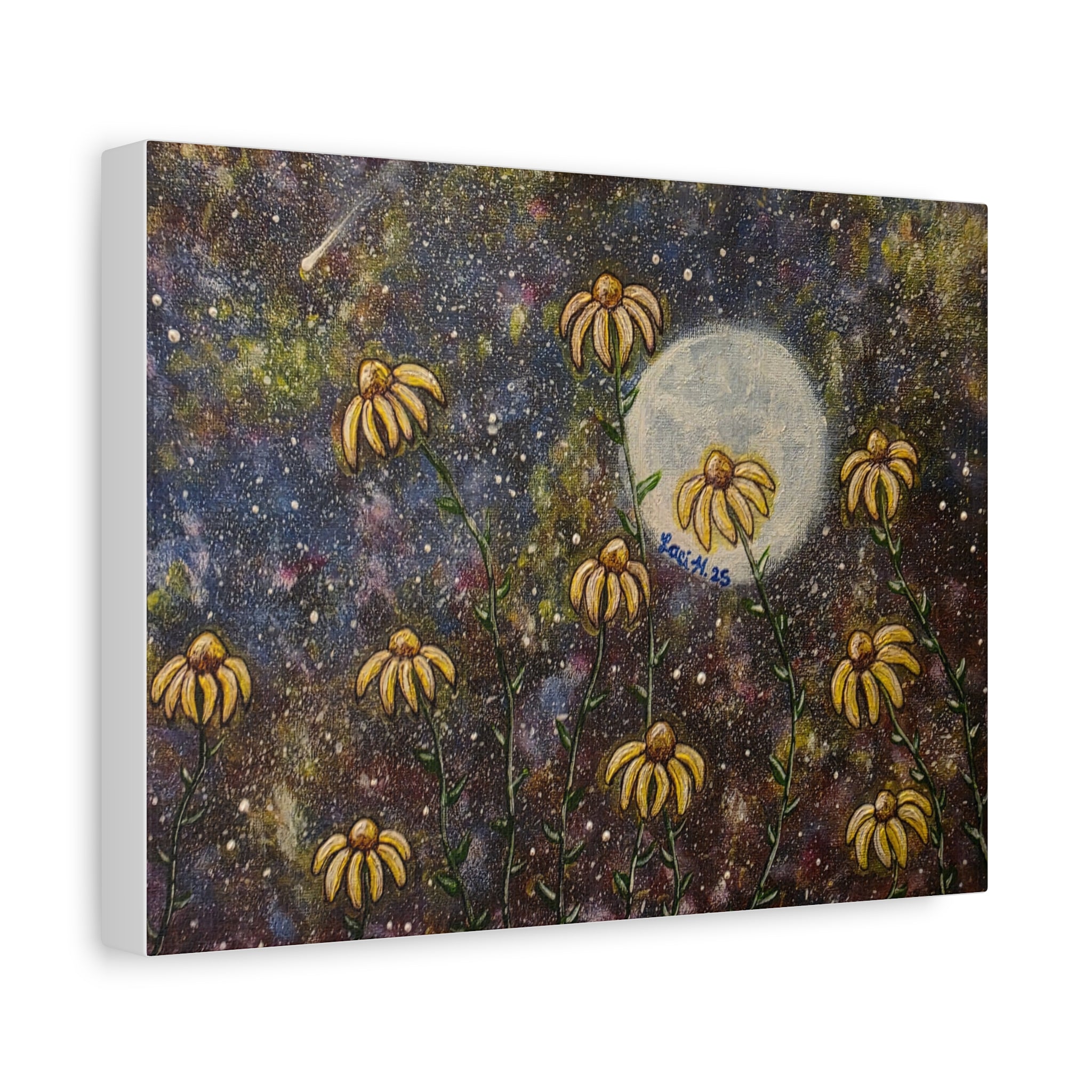 Moonlit Black-Eyed Susans Canvas Print — Botanical Night Sky Wall Art (Matte Stretched)
