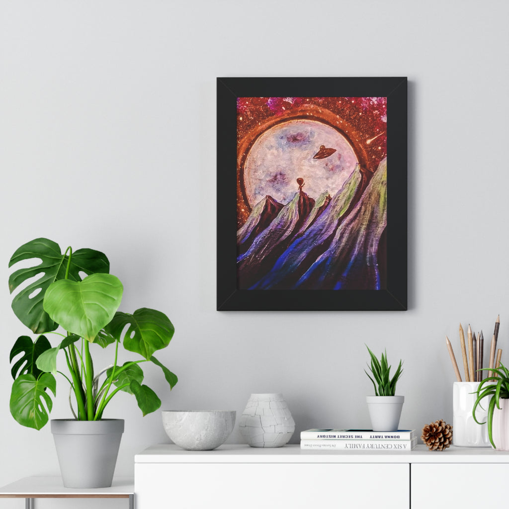 Cosmic Mountains Framed Poster — Surreal Moon & UFO Vertical Wall Art