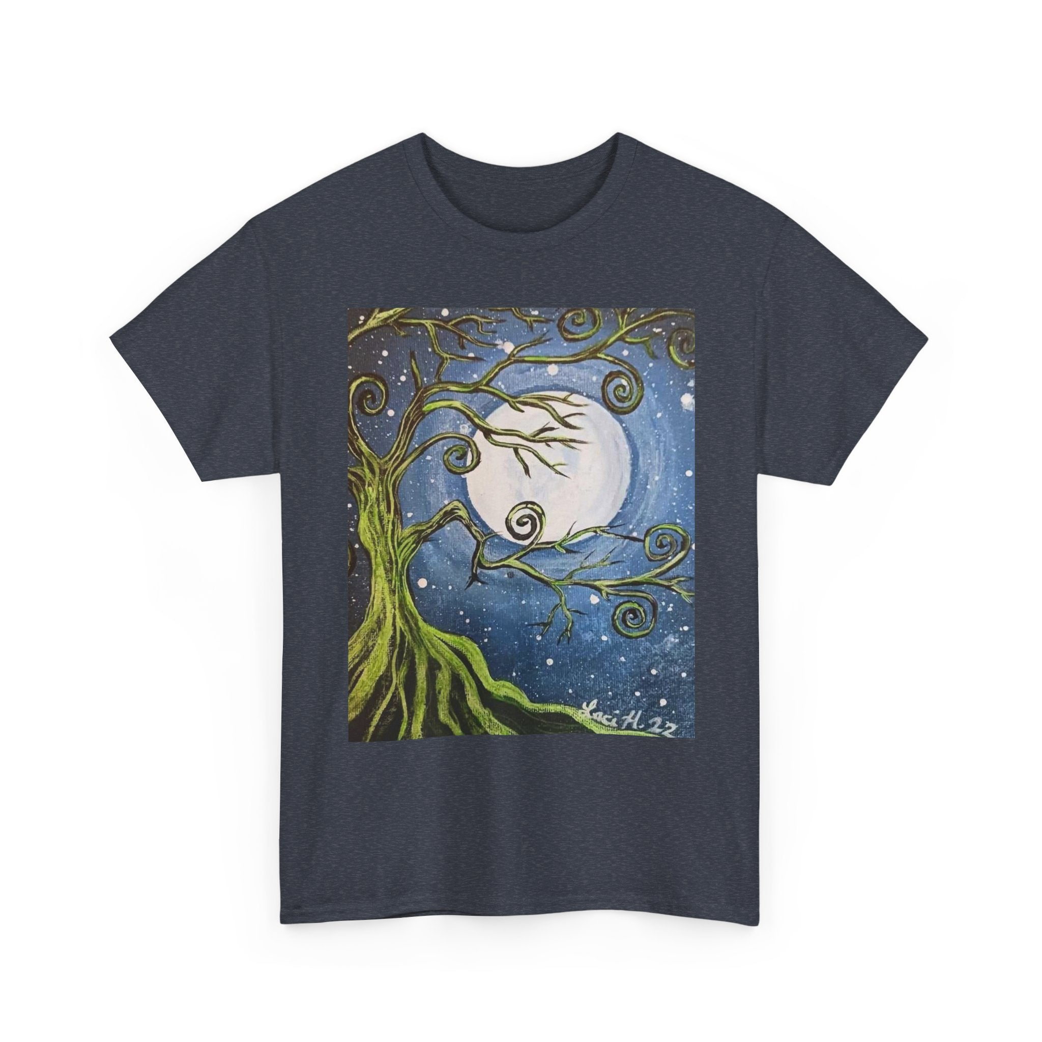 Ethereal Moonlight Tee, Unisex Heavy Cotton Tee, Night Sky Shirt, Nature Lover Apparel, Mystic Tree Top, Gift for Stargazers