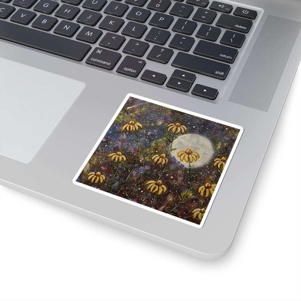 Moonlit Coneflowers Kiss-Cut Sticker — Floral Night Sky Sticker for Laptops, Water Bottles & Journals