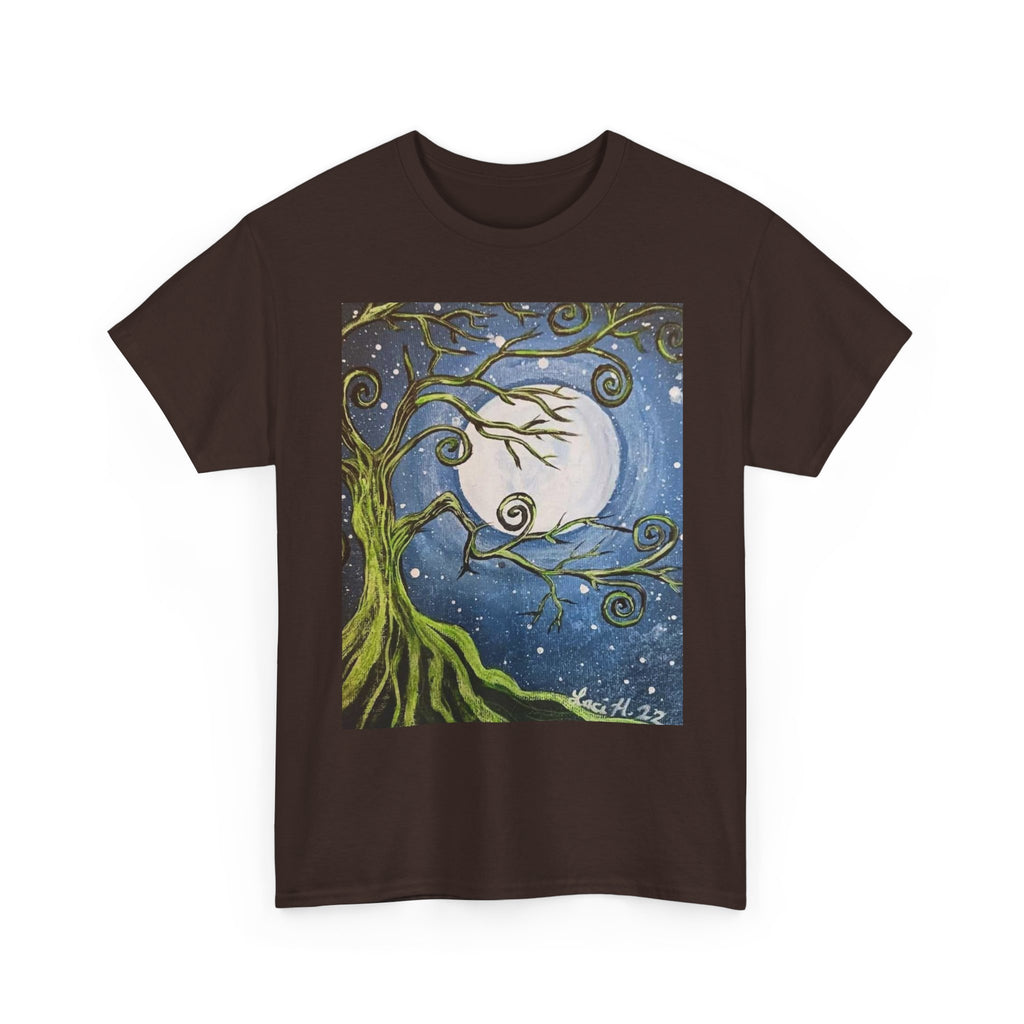 Ethereal Moonlight Tee, Unisex Heavy Cotton Tee, Night Sky Shirt, Nature Lover Apparel, Mystic Tree Top, Gift for Stargazers