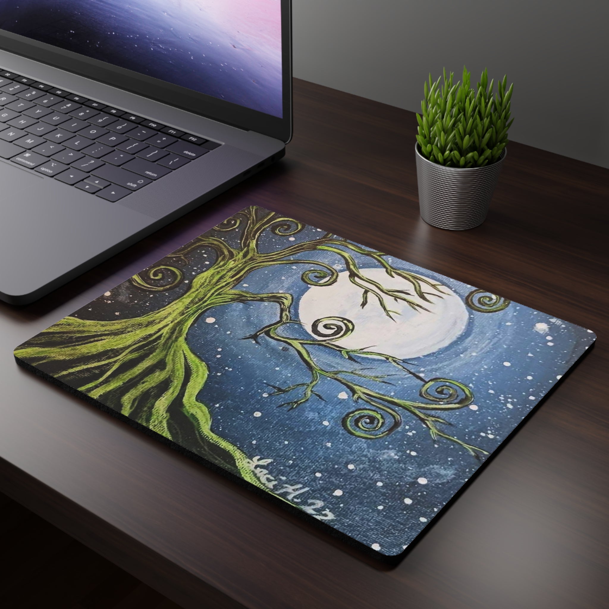 Whimsical Moonlit Tree Rectangular Mouse Pad — Fantasy Night Sky Desk Mat
