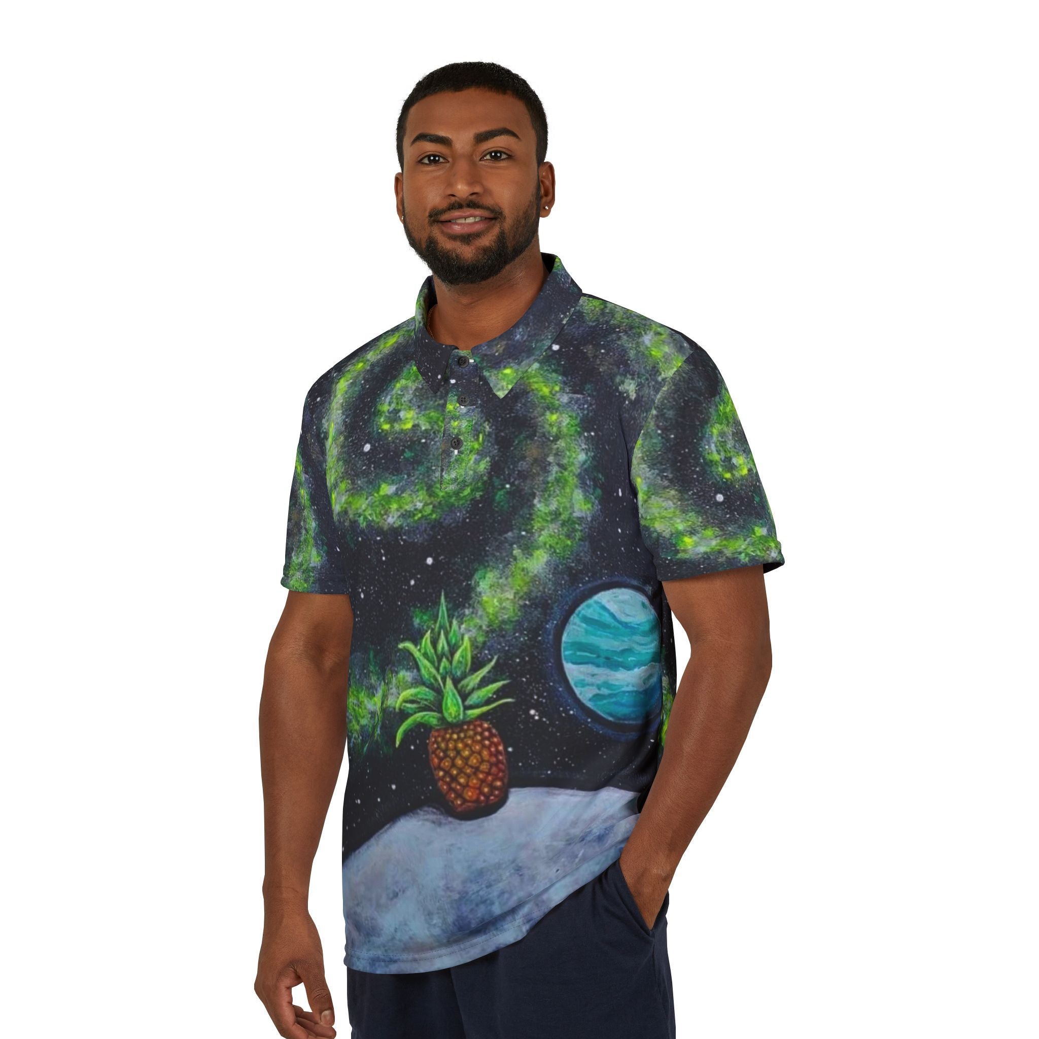 Galactic Pineapple Unisex Polo Shirt - Tropical Space Design for Casual Wear, Summer Parties, Gifts, Beach Outings, Vacation Apparel
