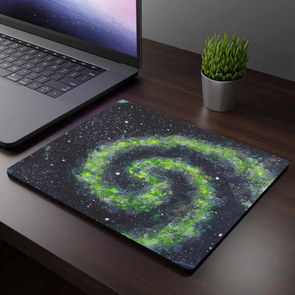 Galaxy Swirl Mouse Pad — Green Nebula Space Desk Mat