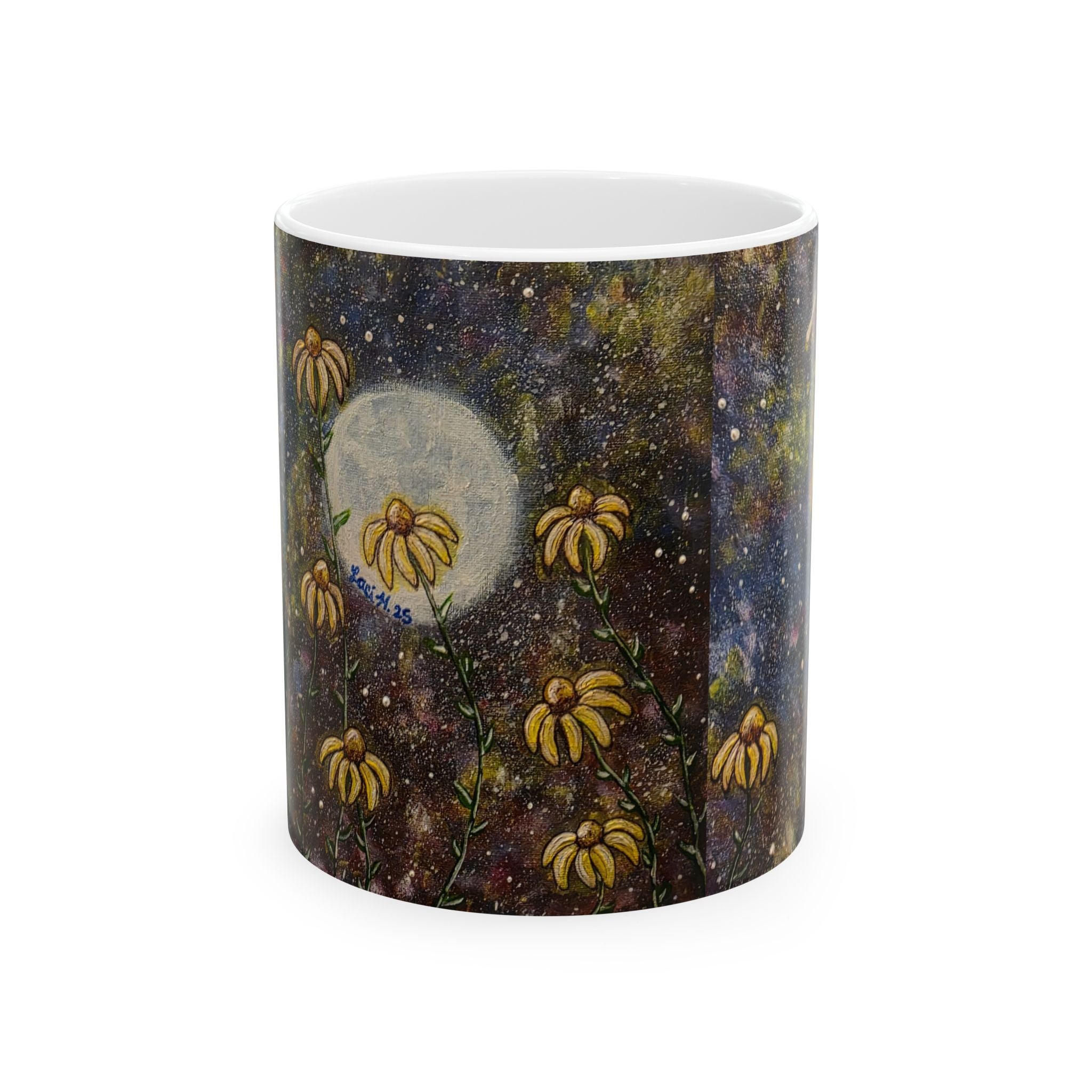 Moonlit Wildflower Mug — Floral Night Sky Ceramic Coffee Cup (11oz, 15oz)