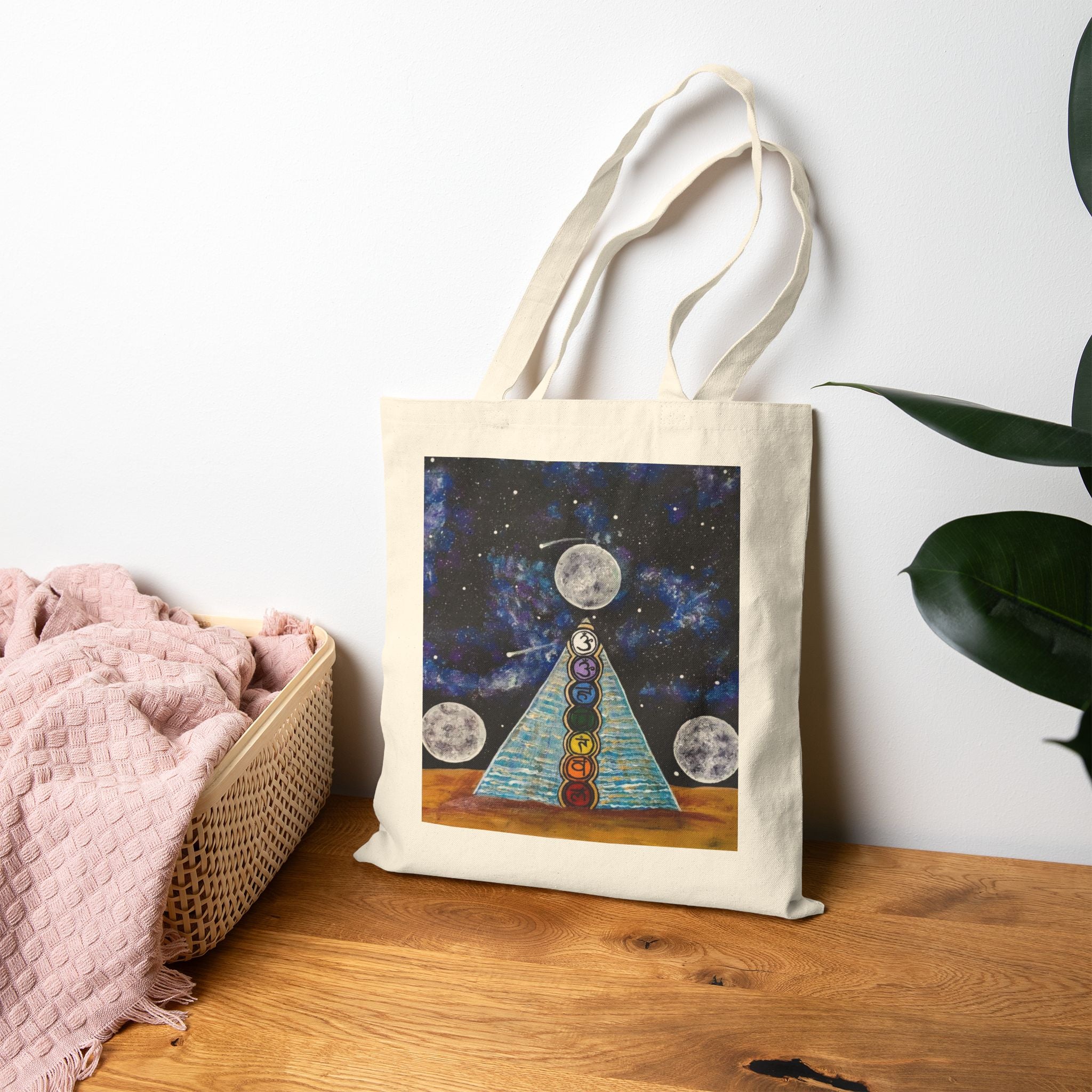 Mystic Chakra Pyramid Tote — Moon & Cosmic Energy Canvas Bag