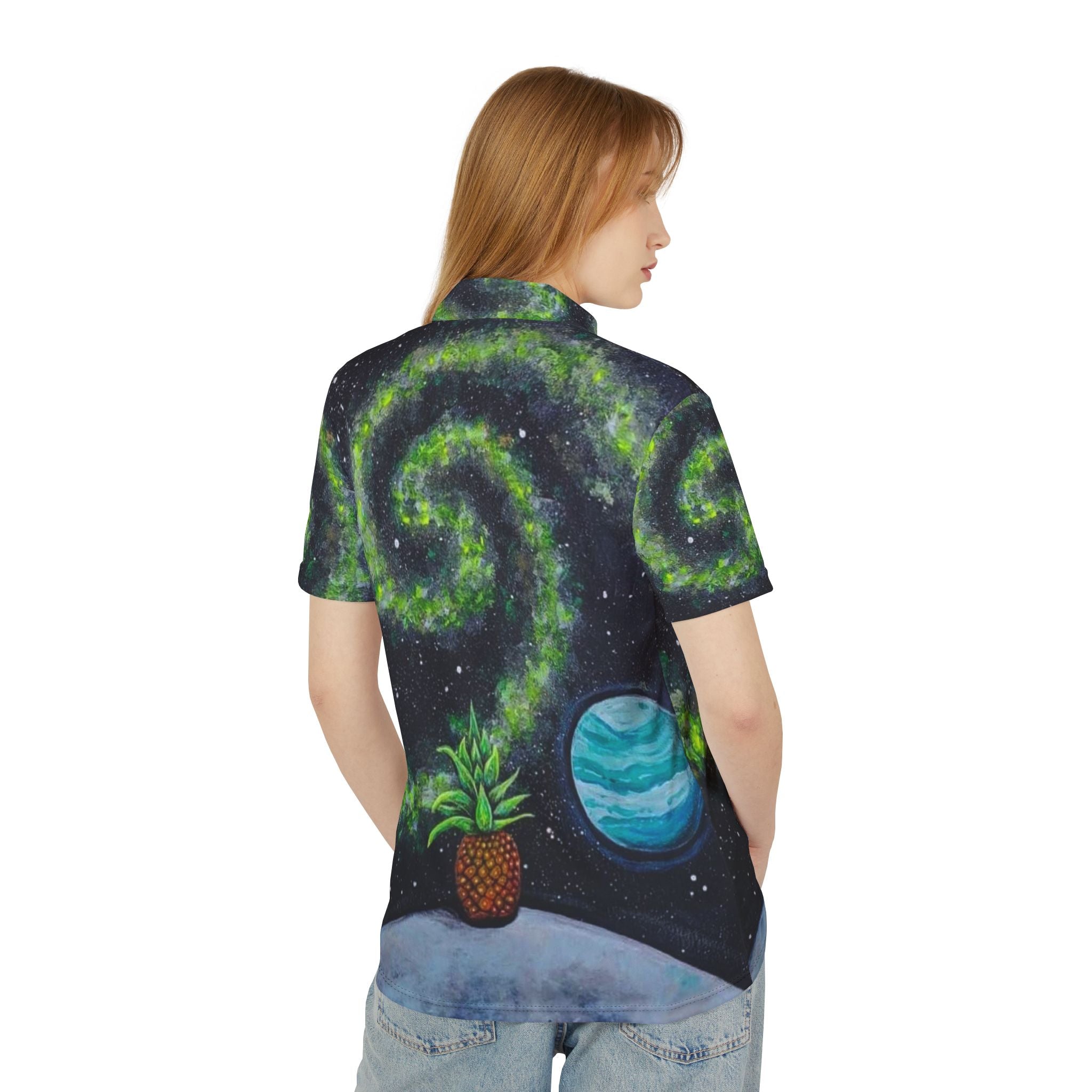 Galactic Pineapple Unisex Polo Shirt - Tropical Space Design for Casual Wear, Summer Parties, Gifts, Beach Outings, Vacation Apparel