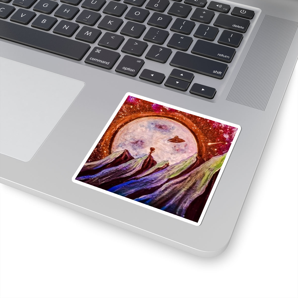 Space Alien Landscape Sticker — Retro Cosmic Moon, UFO Art Kiss-Cut Decal