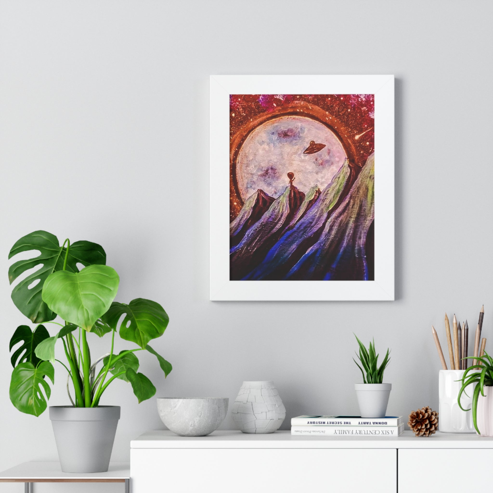 Cosmic Mountains Framed Poster — Surreal Moon & UFO Vertical Wall Art