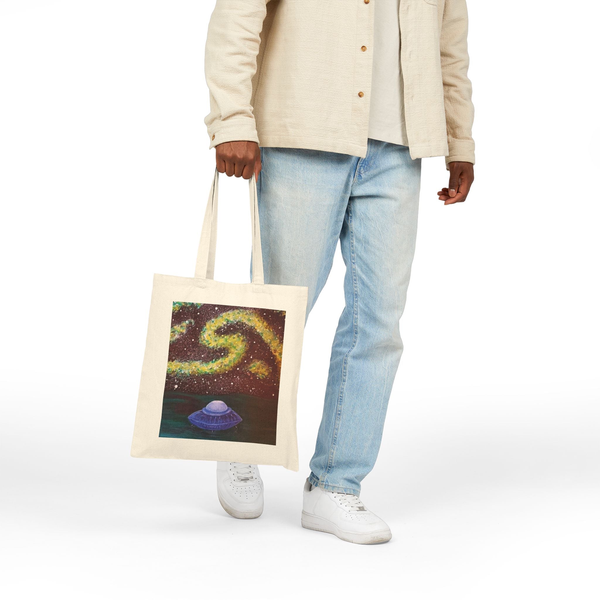 Tote Bag — Cosmic Swirl UFO Canvas Tote (Galaxy, Night Sky Art)
