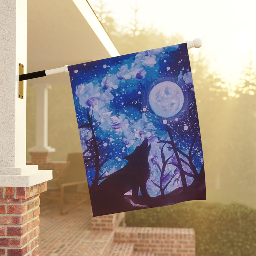 Mystical Wolf Garden Banner, Outdoor Decor, Housewarming Gift, Moonlight Design, Floral Flag, Home & Garden Decoration