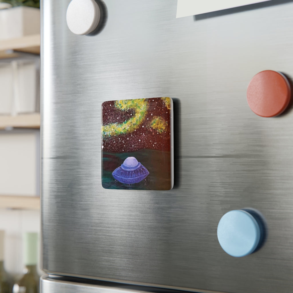 UFO Night Sky Porcelain Magnet — Cosmic Alien Saucer Art
