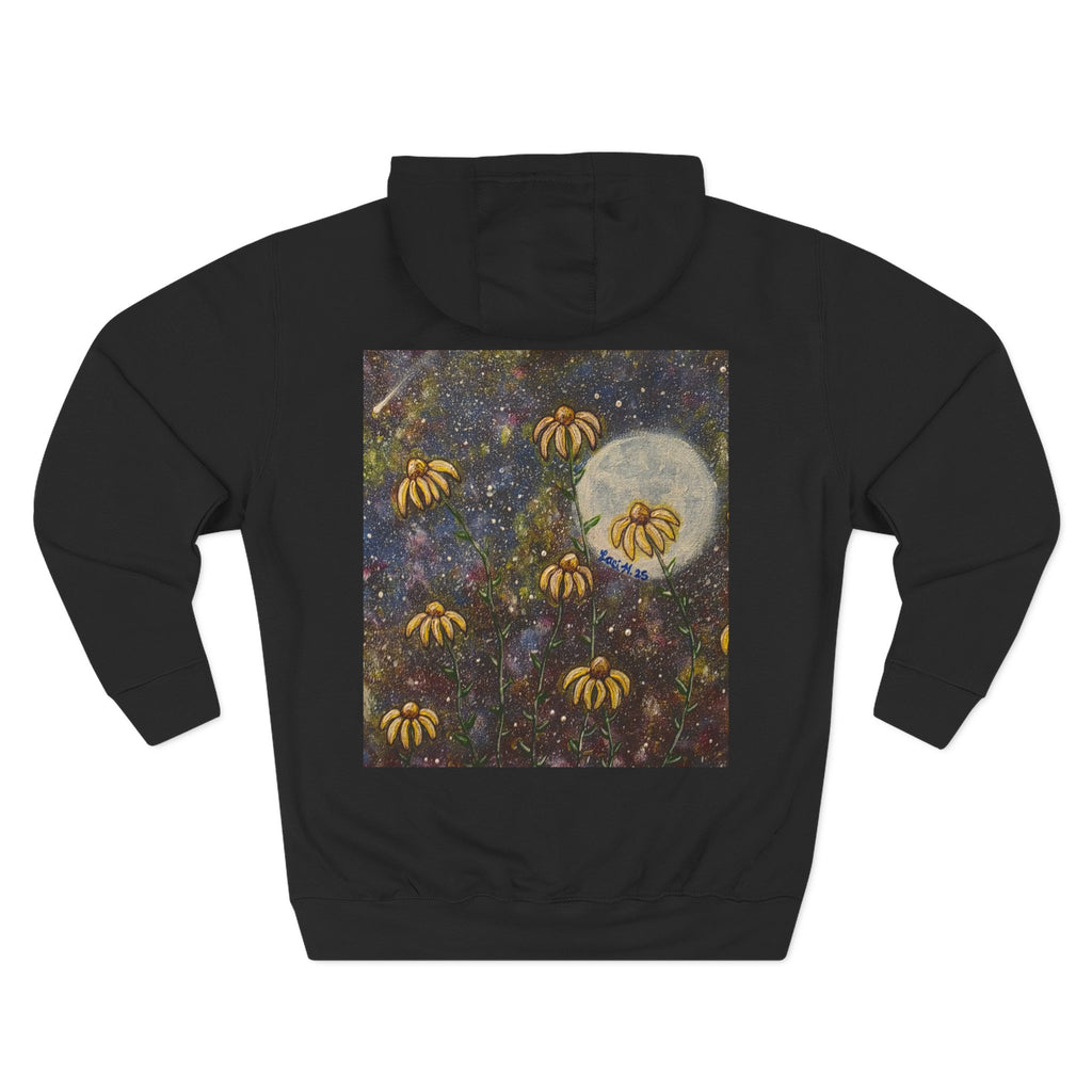 Moonlit Coneflowers Hoodie — Celestial Floral Graphic Fleece