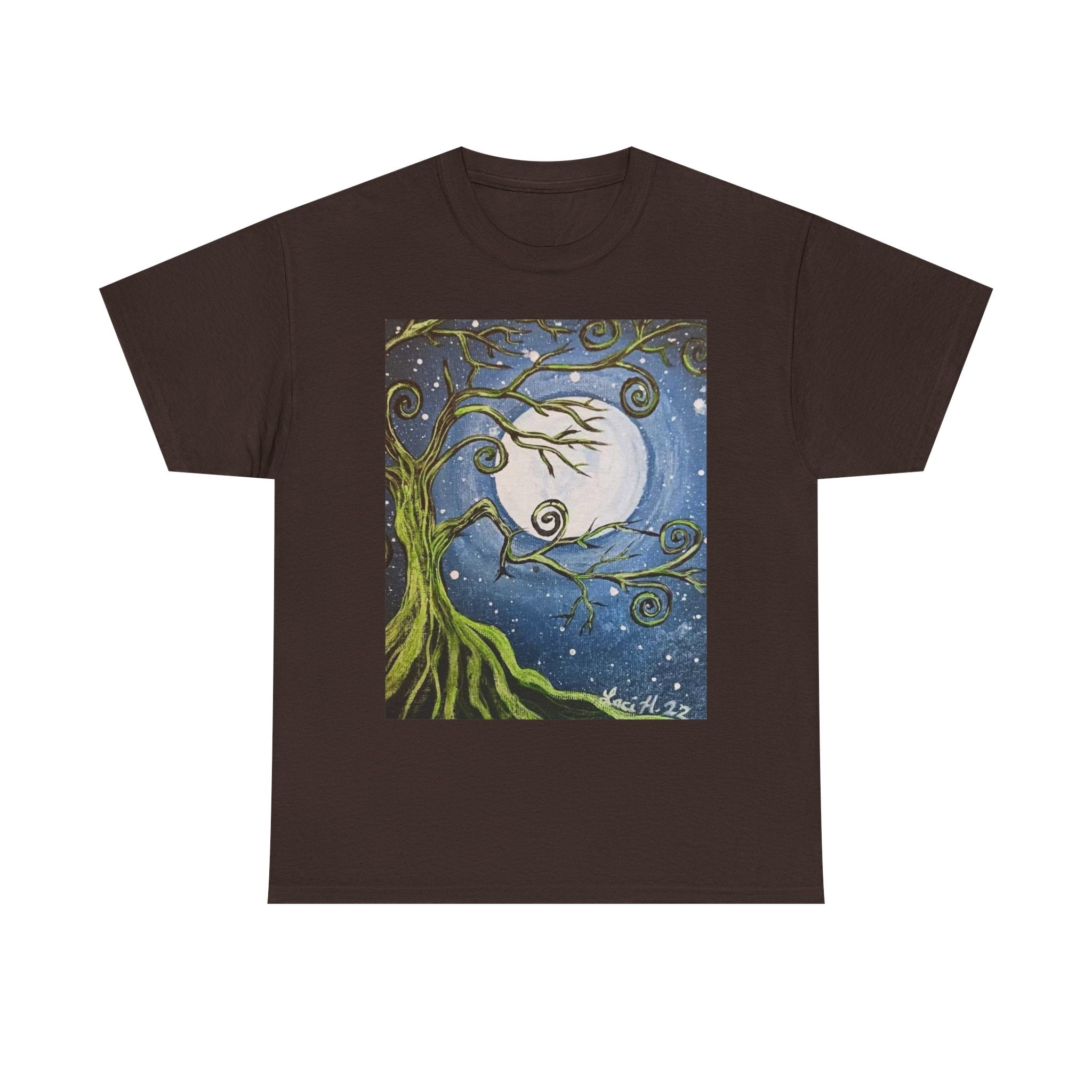 Ethereal Moonlight Tee, Unisex Heavy Cotton Tee, Night Sky Shirt, Nature Lover Apparel, Mystic Tree Top, Gift for Stargazers