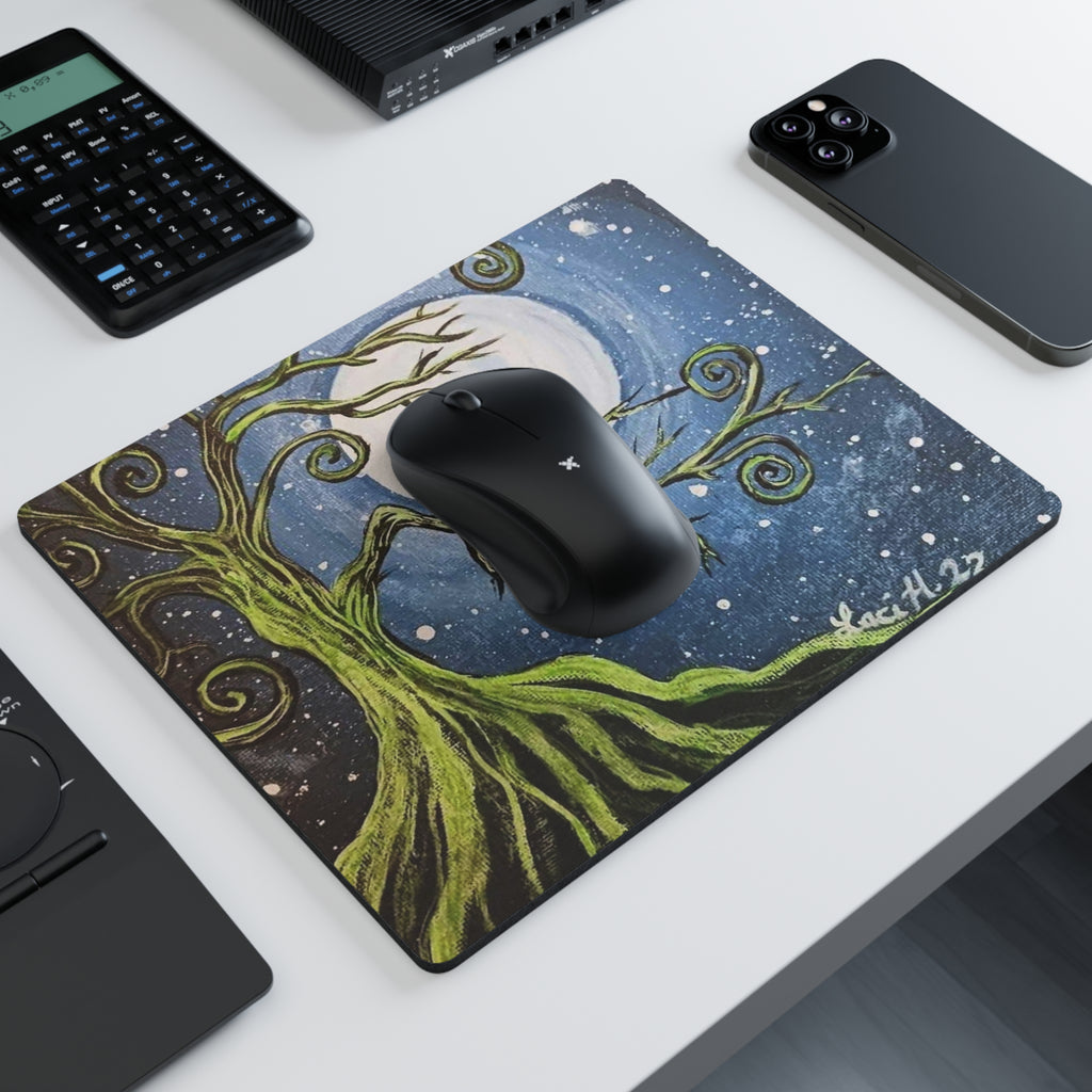 Whimsical Moonlit Tree Rectangular Mouse Pad — Fantasy Night Sky Desk Mat