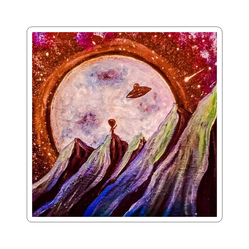 Space Alien Landscape Sticker — Retro Cosmic Moon, UFO Art Kiss-Cut Decal