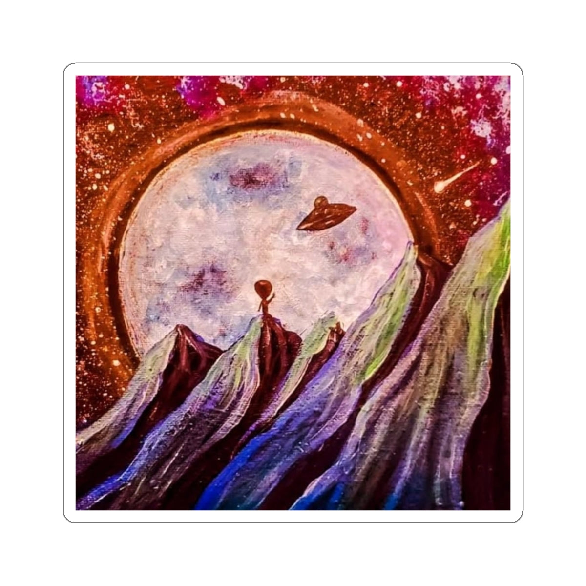 Space Alien Landscape Sticker — Retro Cosmic Moon, UFO Art Kiss-Cut Decal
