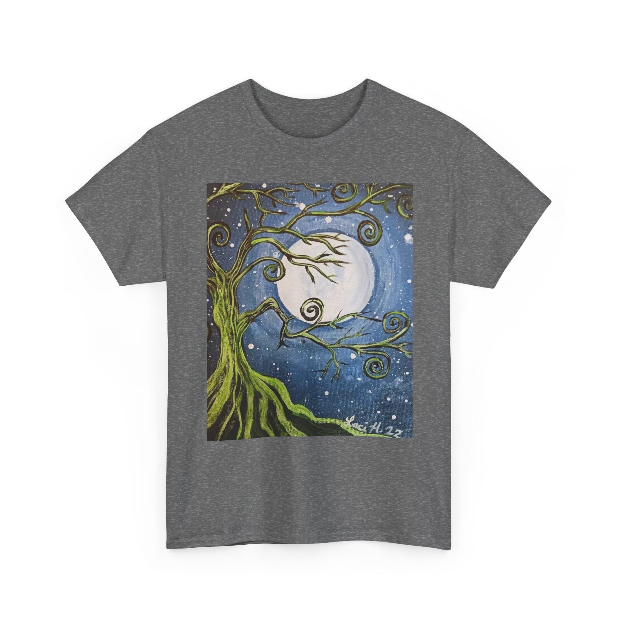 Ethereal Moonlight Tee, Unisex Heavy Cotton Tee, Night Sky Shirt, Nature Lover Apparel, Mystic Tree Top, Gift for Stargazers