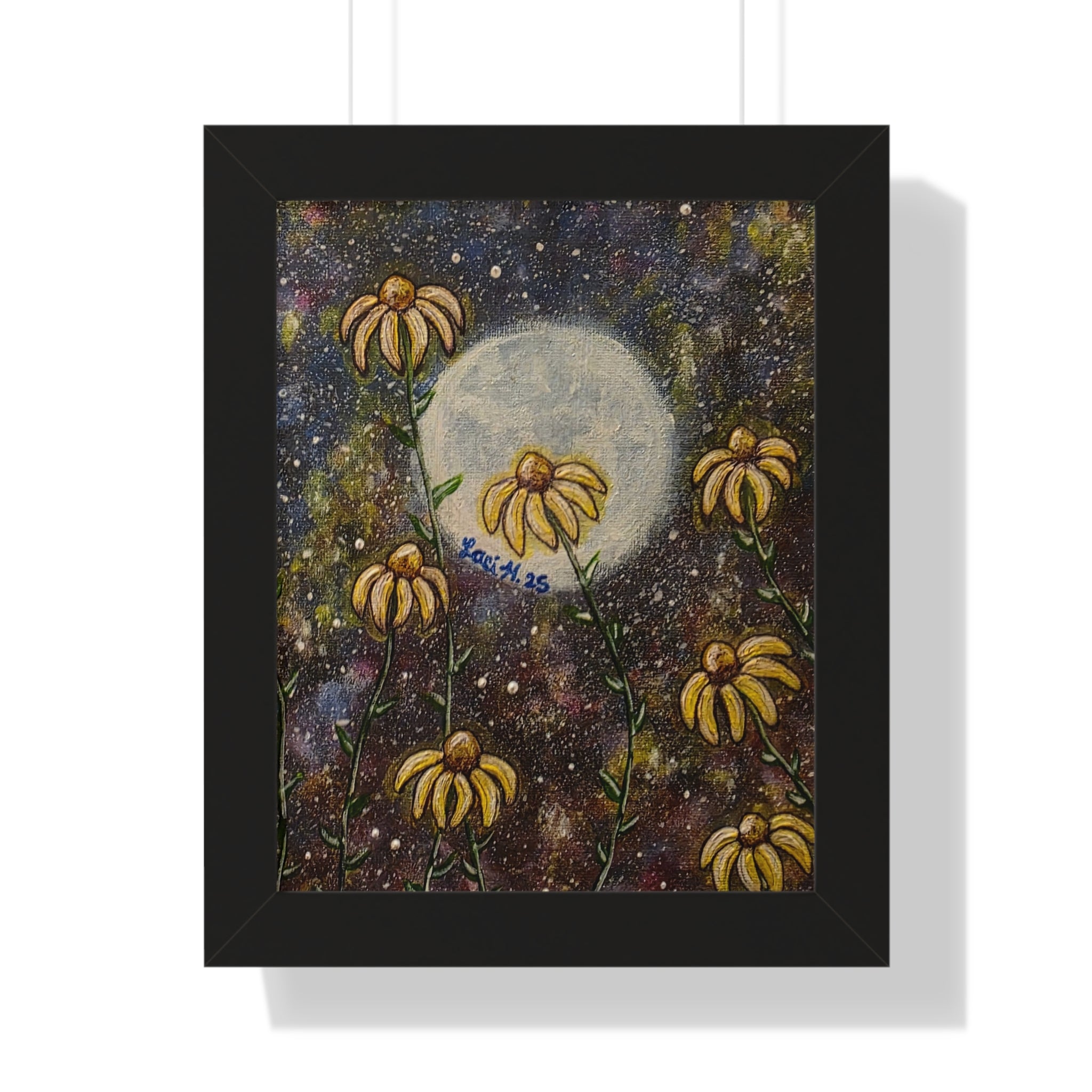 Moonlit Daisies Framed Poster — Botanical Night Sky Wall Art