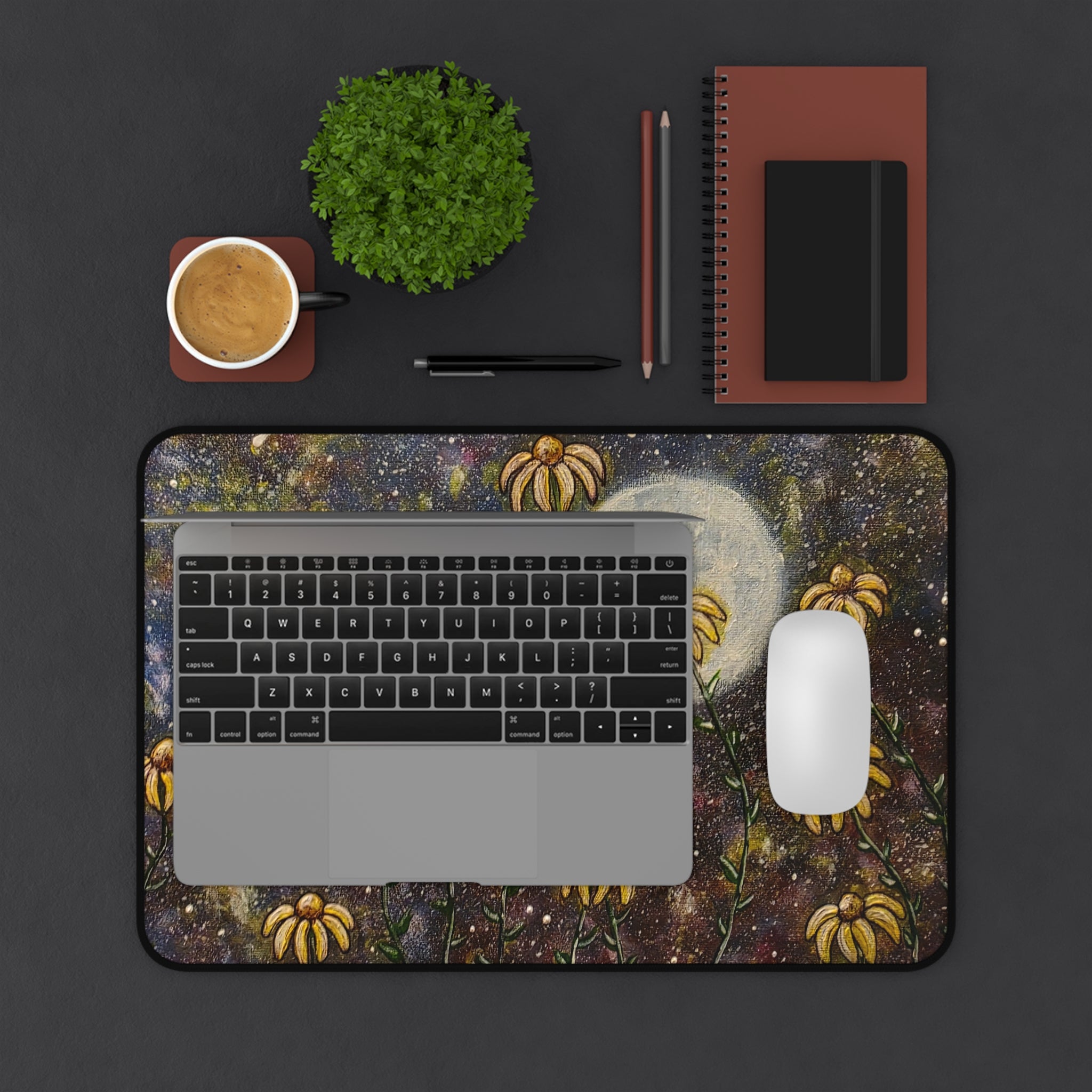 Moonlit Daisies Desk Mat — Floral Galaxy Mouse Pad
