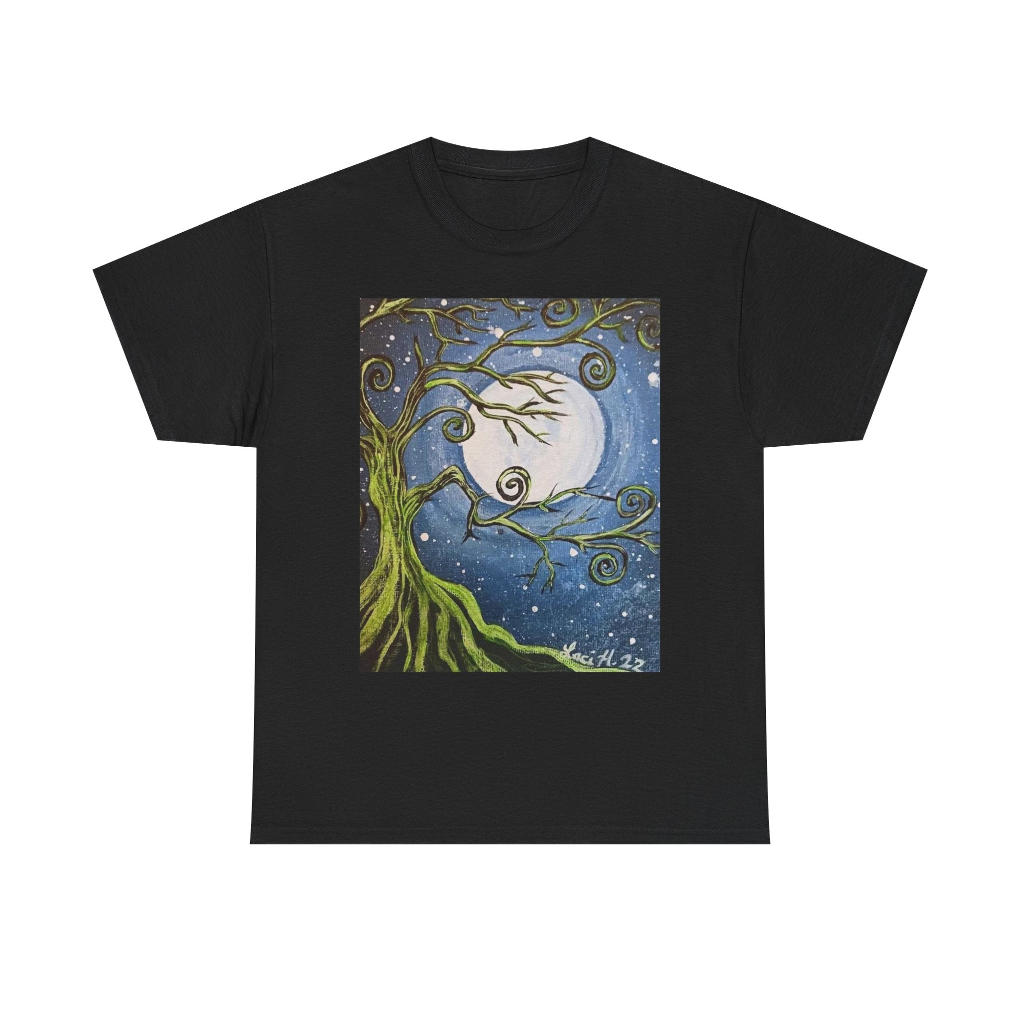 Ethereal Moonlight Tee, Unisex Heavy Cotton Tee, Night Sky Shirt, Nature Lover Apparel, Mystic Tree Top, Gift for Stargazers