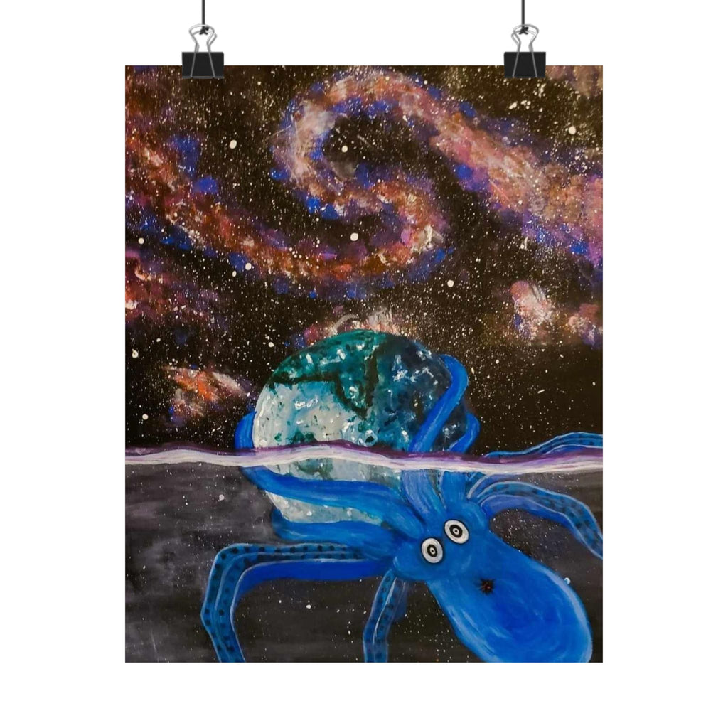Blue Octopus Galaxy Poster — Surreal Space Art Matte Vertical Print