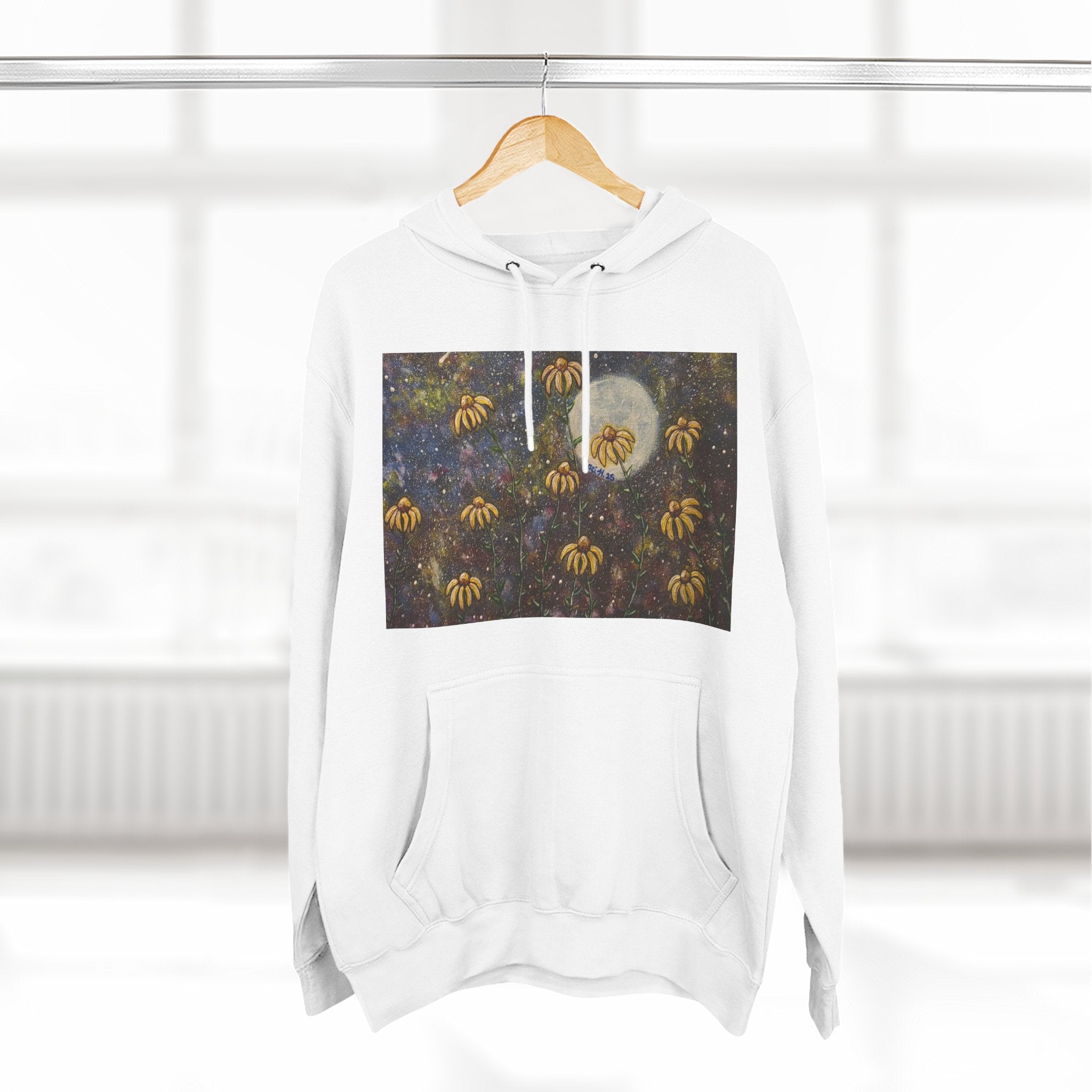 Moonlit Coneflowers Hoodie — Celestial Floral Graphic Fleece