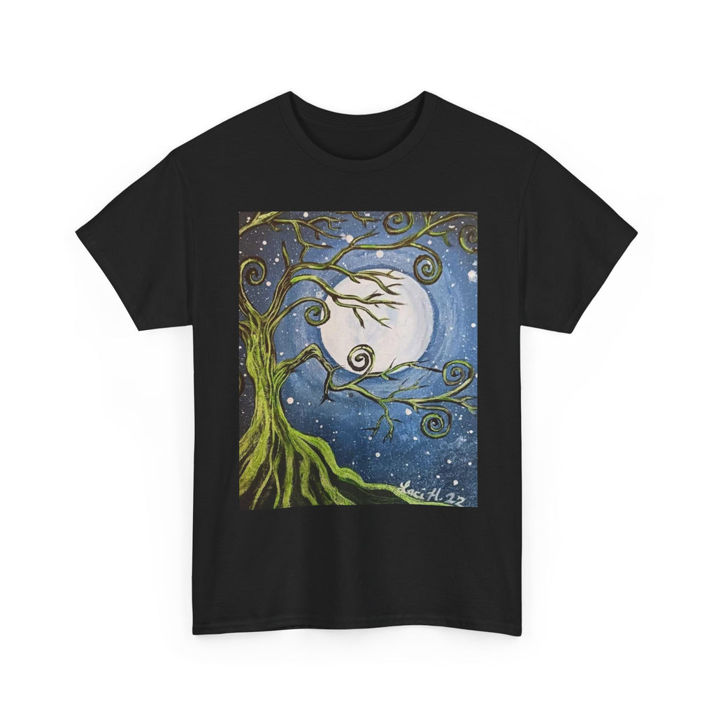 Ethereal Moonlight Tee, Unisex Heavy Cotton Tee, Night Sky Shirt, Nature Lover Apparel, Mystic Tree Top, Gift for Stargazers