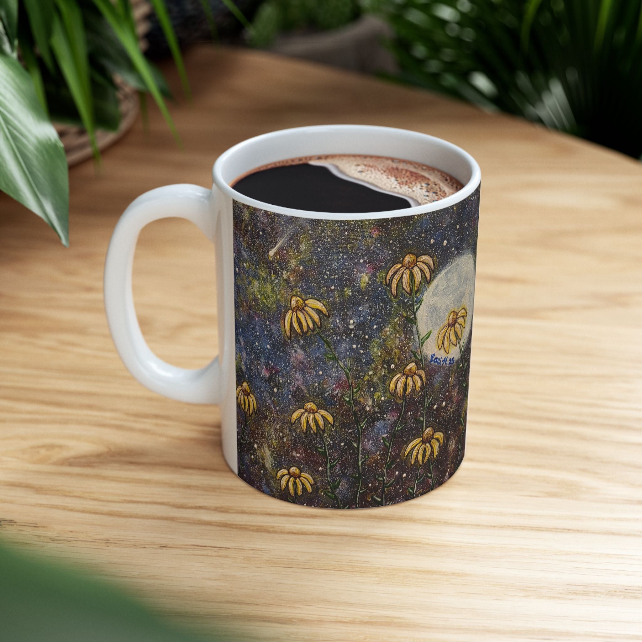 Moonlit Wildflower Mug — Floral Night Sky Ceramic Coffee Cup (11oz, 15oz)