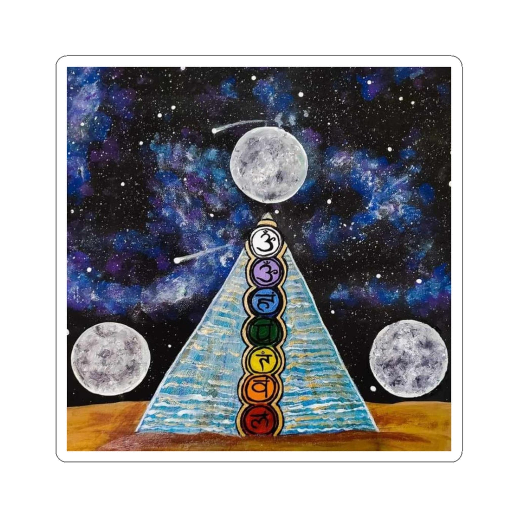 Chakra Pyramid Moonlight Kiss-Cut Sticker — Spiritual Energy, Cosmic Galaxy Design