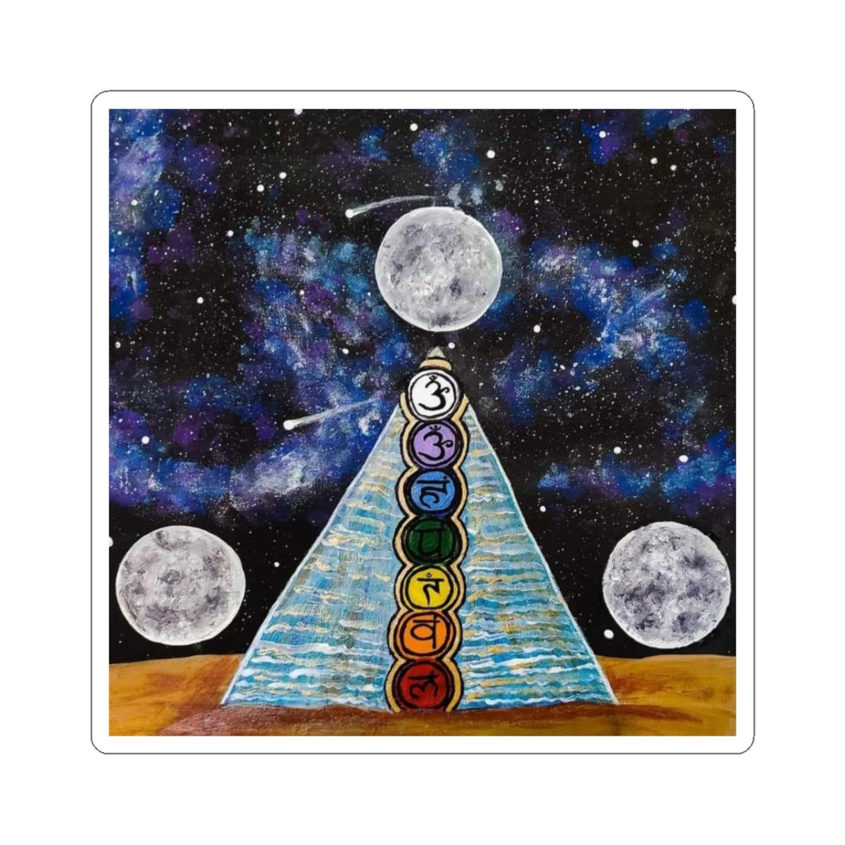 Chakra Pyramid Moonlight Kiss-Cut Sticker — Spiritual Energy, Cosmic Galaxy Design