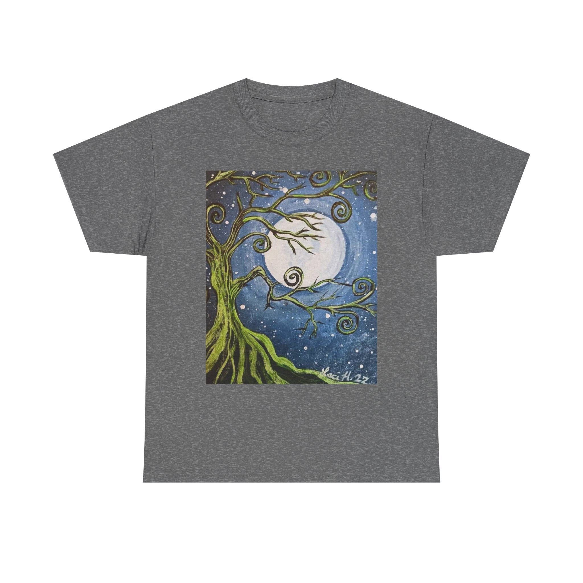 Ethereal Moonlight Tee, Unisex Heavy Cotton Tee, Night Sky Shirt, Nature Lover Apparel, Mystic Tree Top, Gift for Stargazers