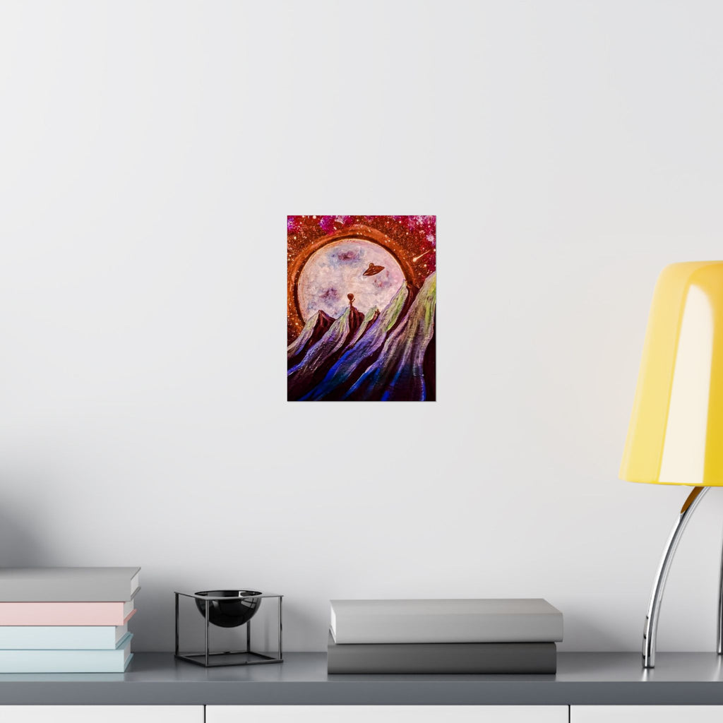 Cosmic Mountain Moon Matte Poster — Surreal UFO Landscape Print