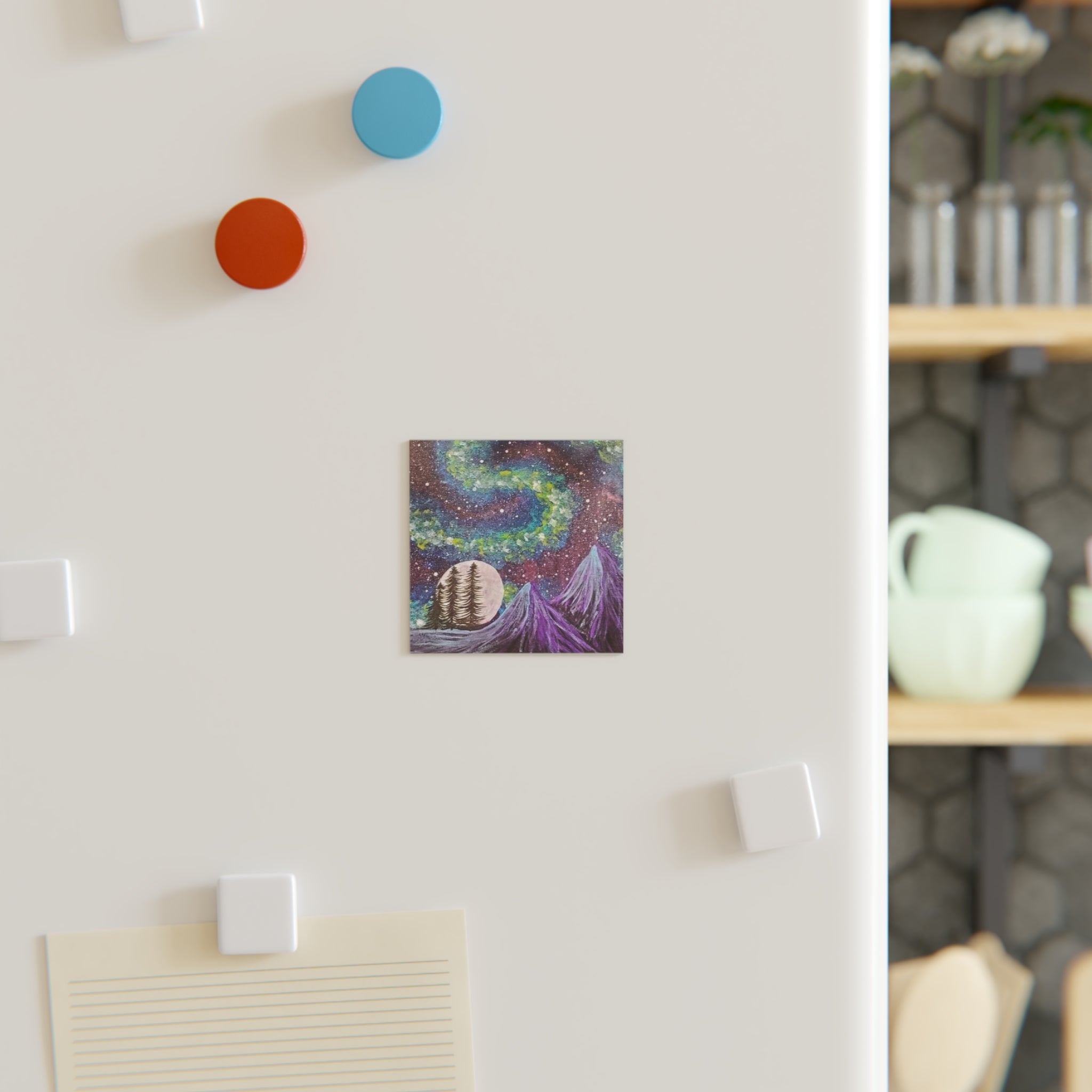 Aurora Night Square Magnet — Purple Mountain Moonlit Forest Refrigerator Magnet