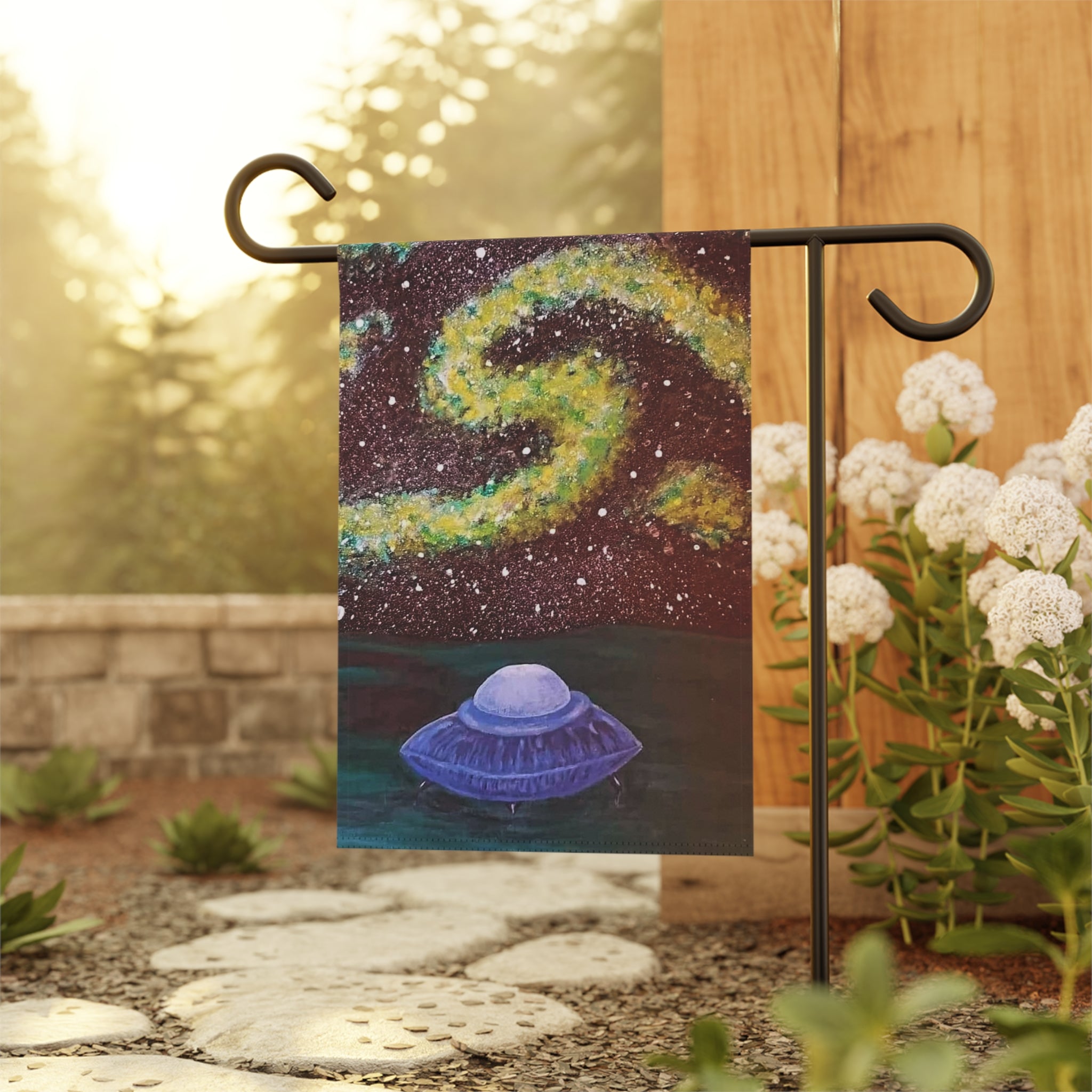 Cosmic Garden Banner with UFO Art | Whimsical Garden Decor, Yard Flag, Outdoor Decor, Alien Theme Ornament, Space Lover Gift