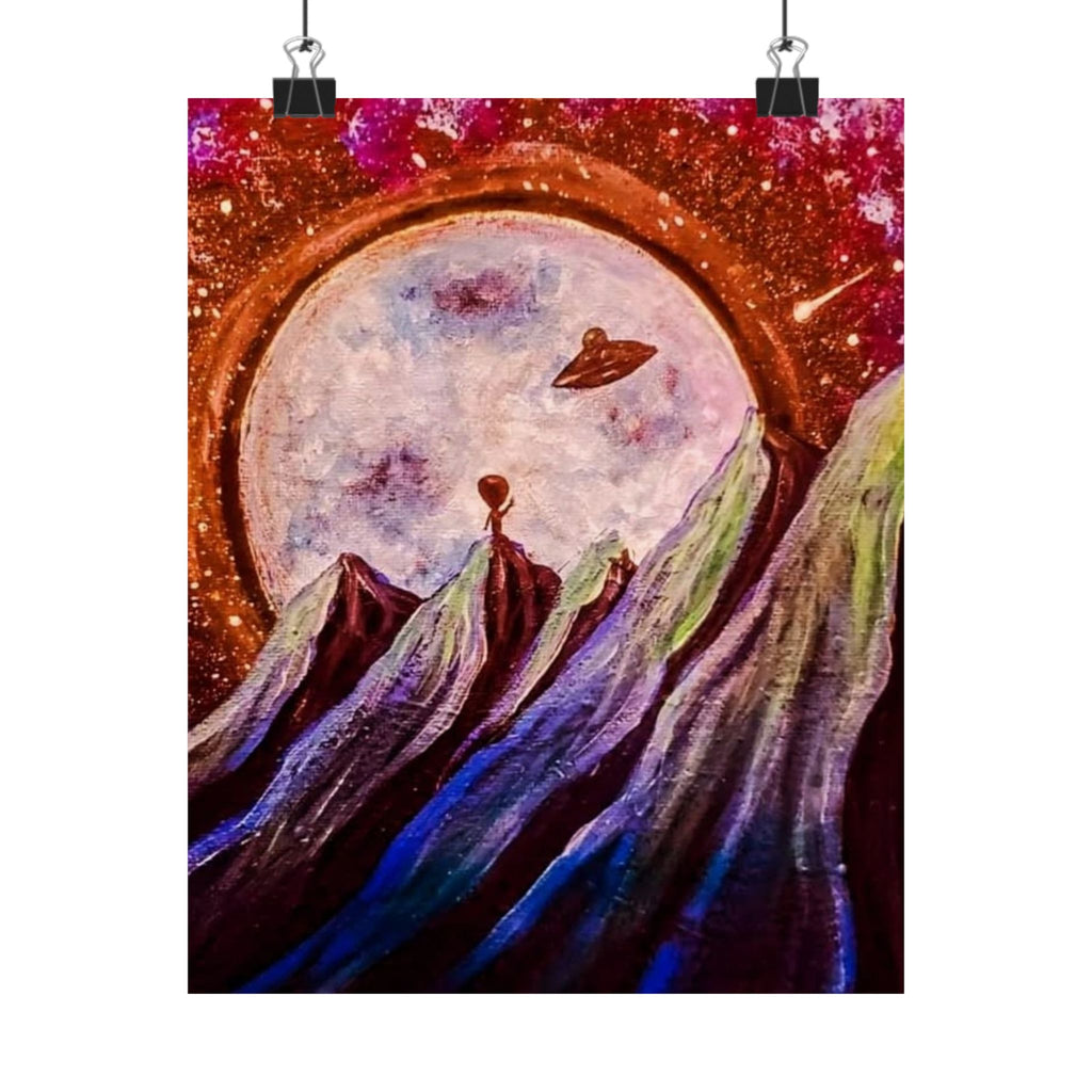 Cosmic Mountain Moon Matte Poster — Surreal UFO Landscape Print