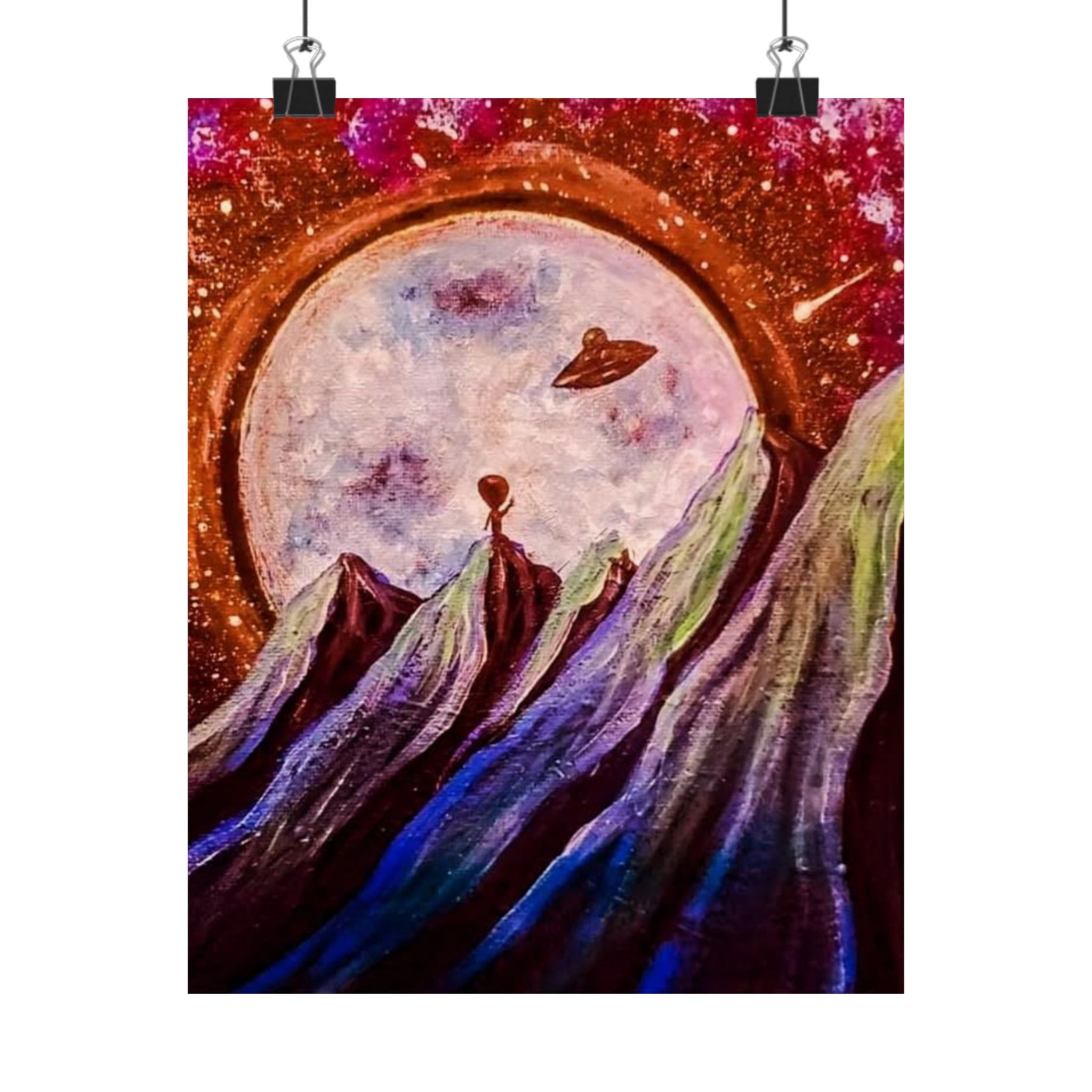 Cosmic Mountain Moon Matte Poster — Surreal UFO Landscape Print