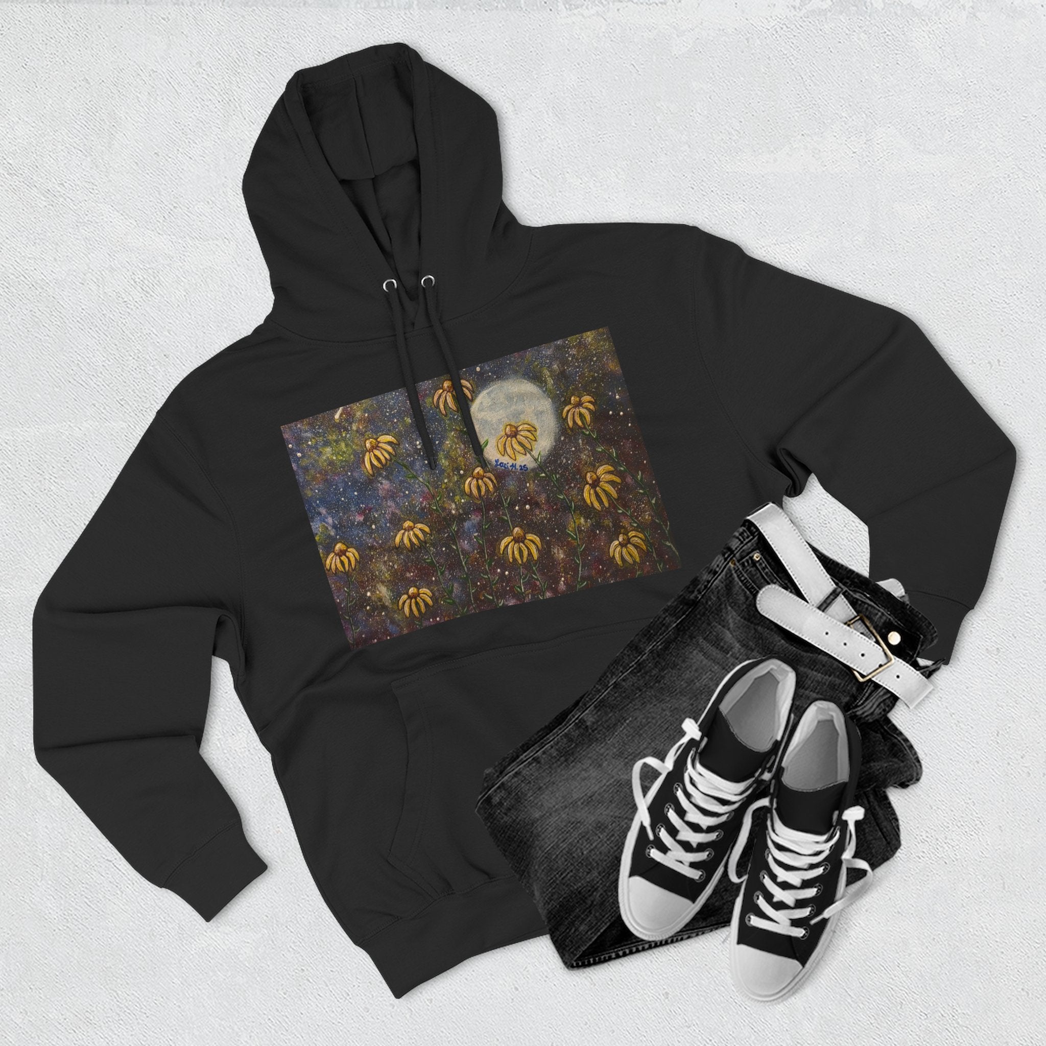Moonlit Coneflowers Hoodie — Celestial Floral Graphic Fleece