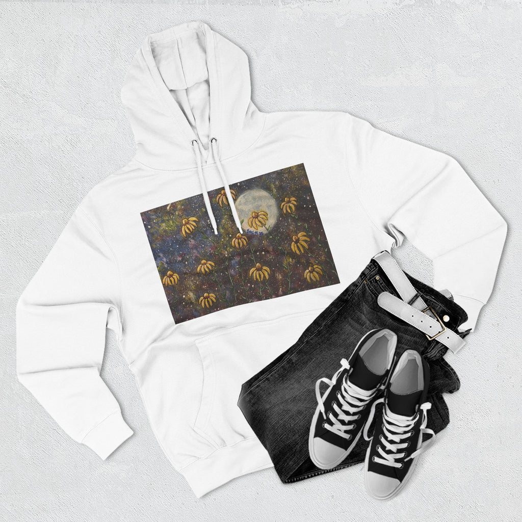 Moonlit Coneflowers Hoodie — Celestial Floral Graphic Fleece