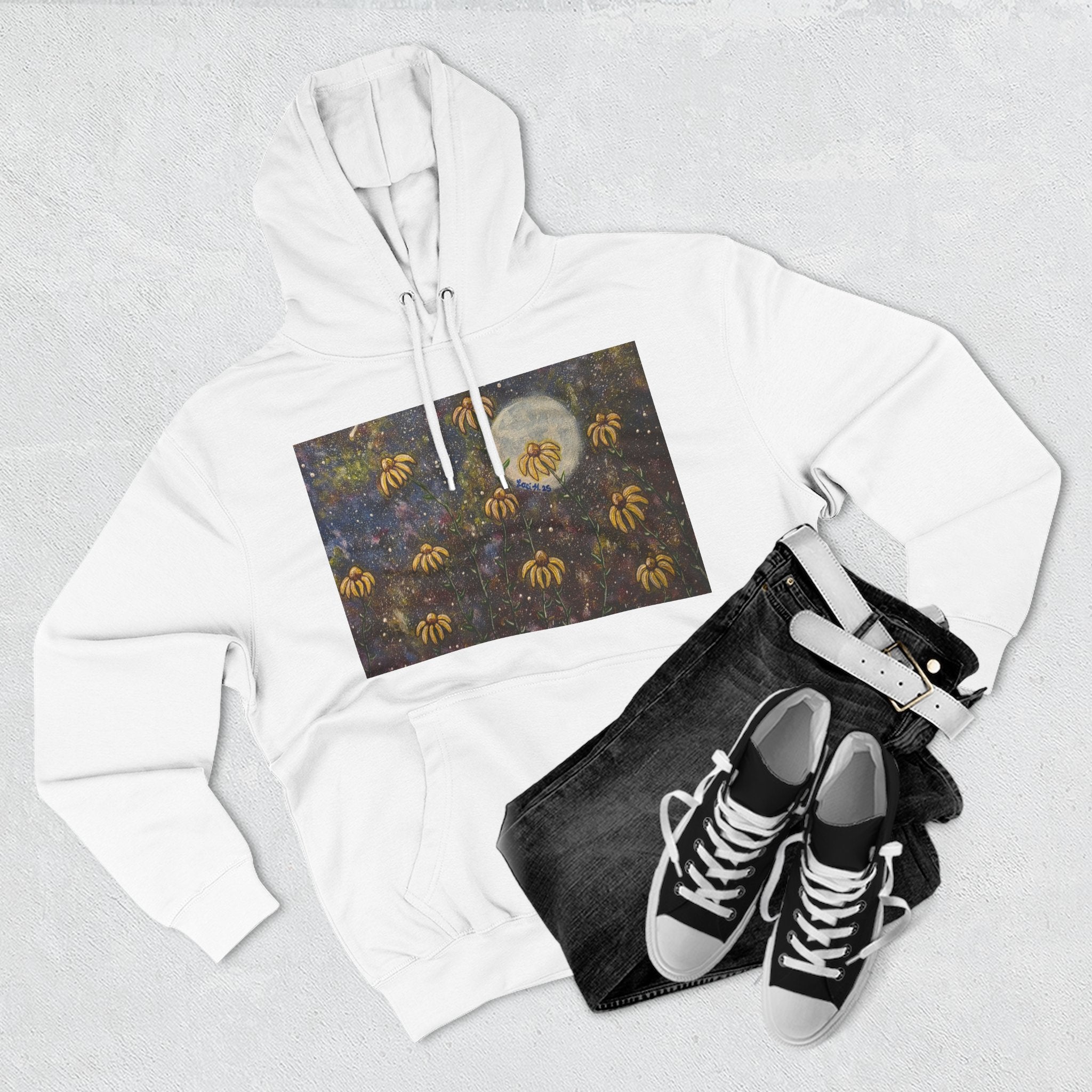 Moonlit Coneflowers Hoodie — Celestial Floral Graphic Fleece