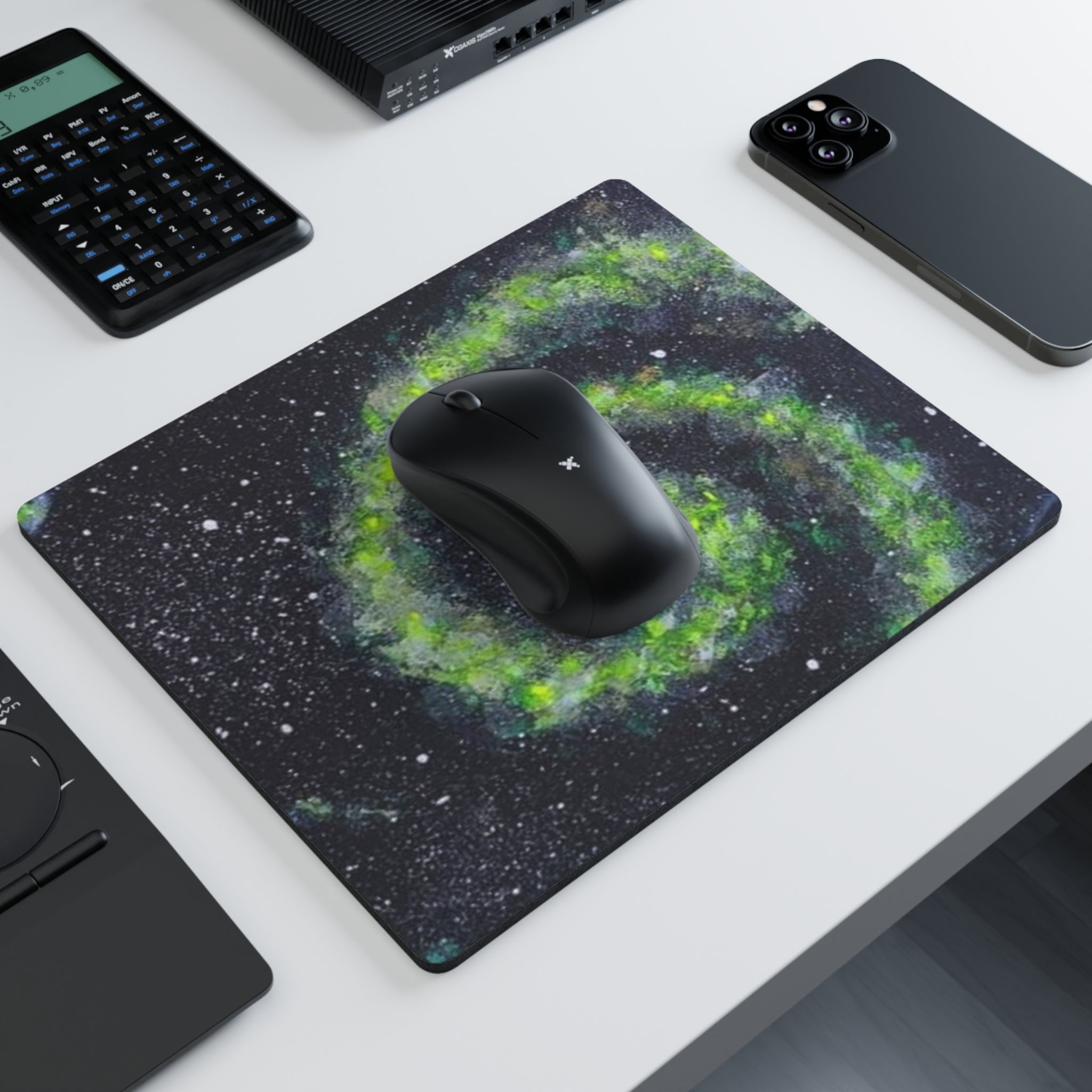 Galaxy Swirl Mouse Pad — Green Nebula Space Desk Mat