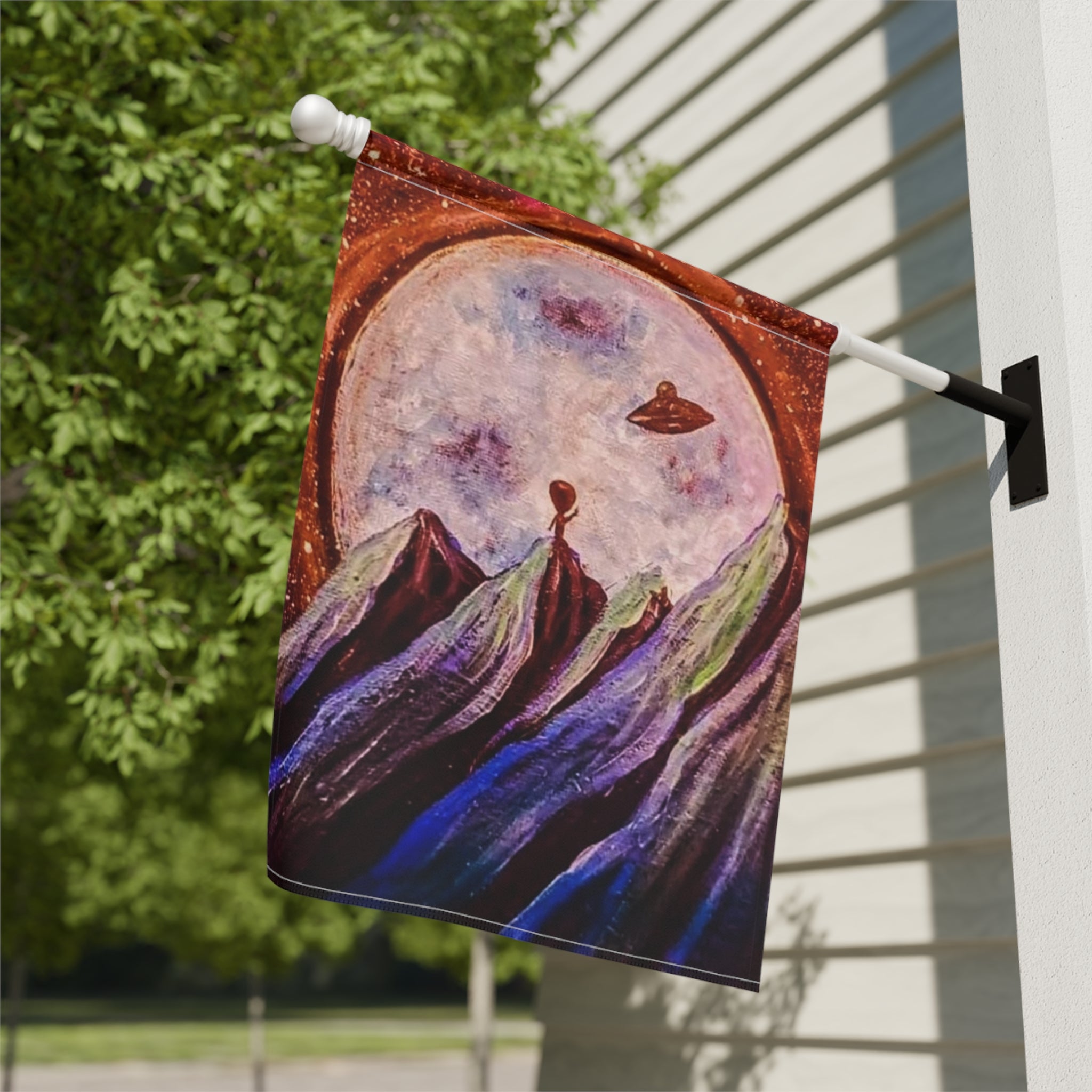 Celestial Garden Banner, Cosmic House Flag, Outdoor Flag Decor, Space Theme Banner, Alien Landscape Garden Flag, Unique Yard Art