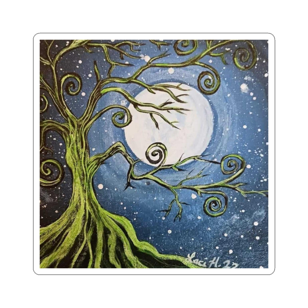 Moonlit Tree Kiss-Cut Sticker – Whimsical Night Sky Art Sticker for Laptops & Journals