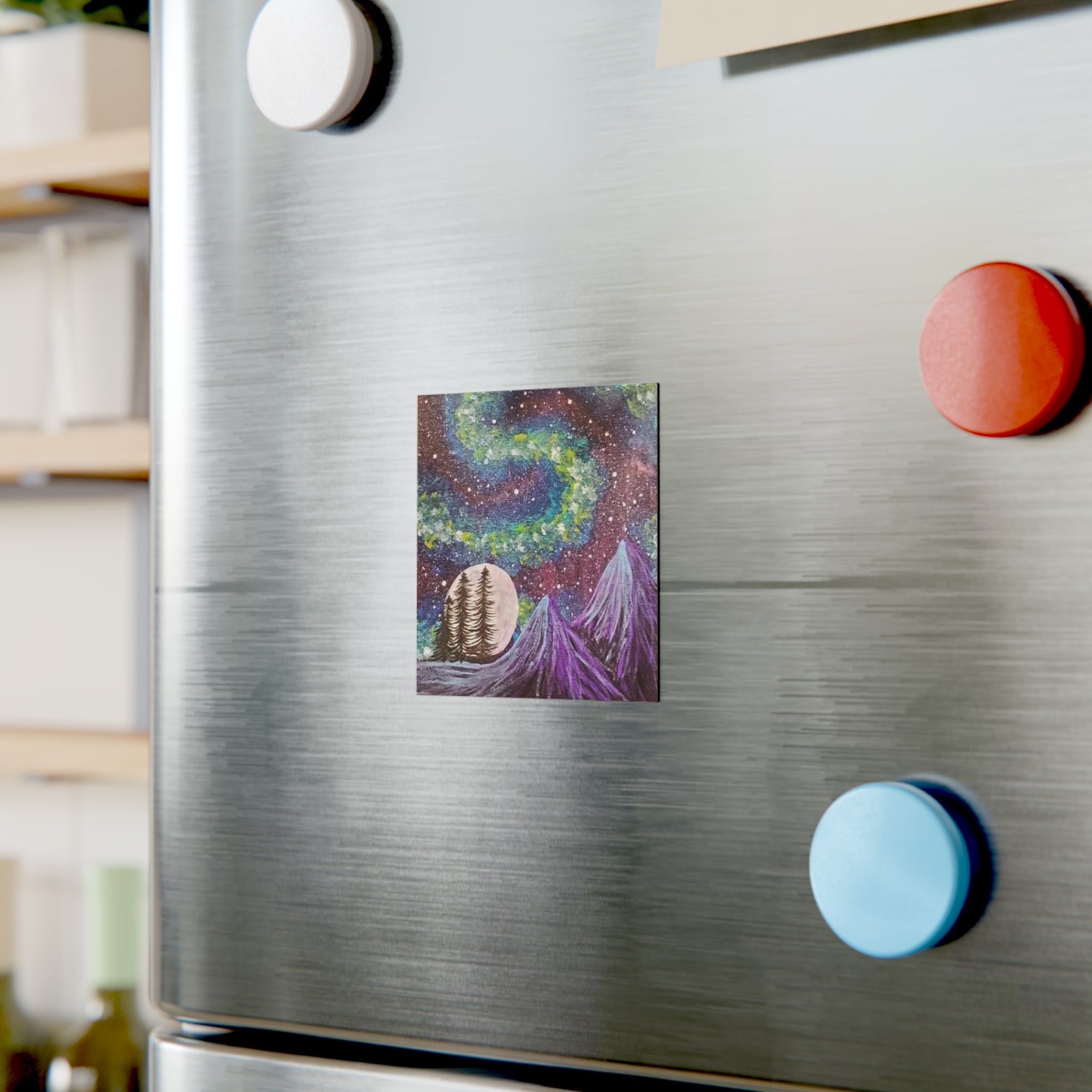 Aurora Night Square Magnet — Purple Mountain Moonlit Forest Refrigerator Magnet