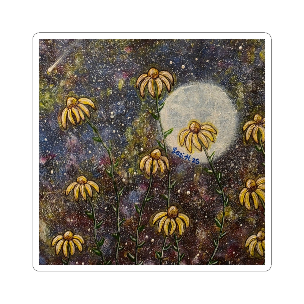 Moonlit Coneflowers Kiss-Cut Sticker — Floral Night Sky Sticker for Laptops, Water Bottles & Journals