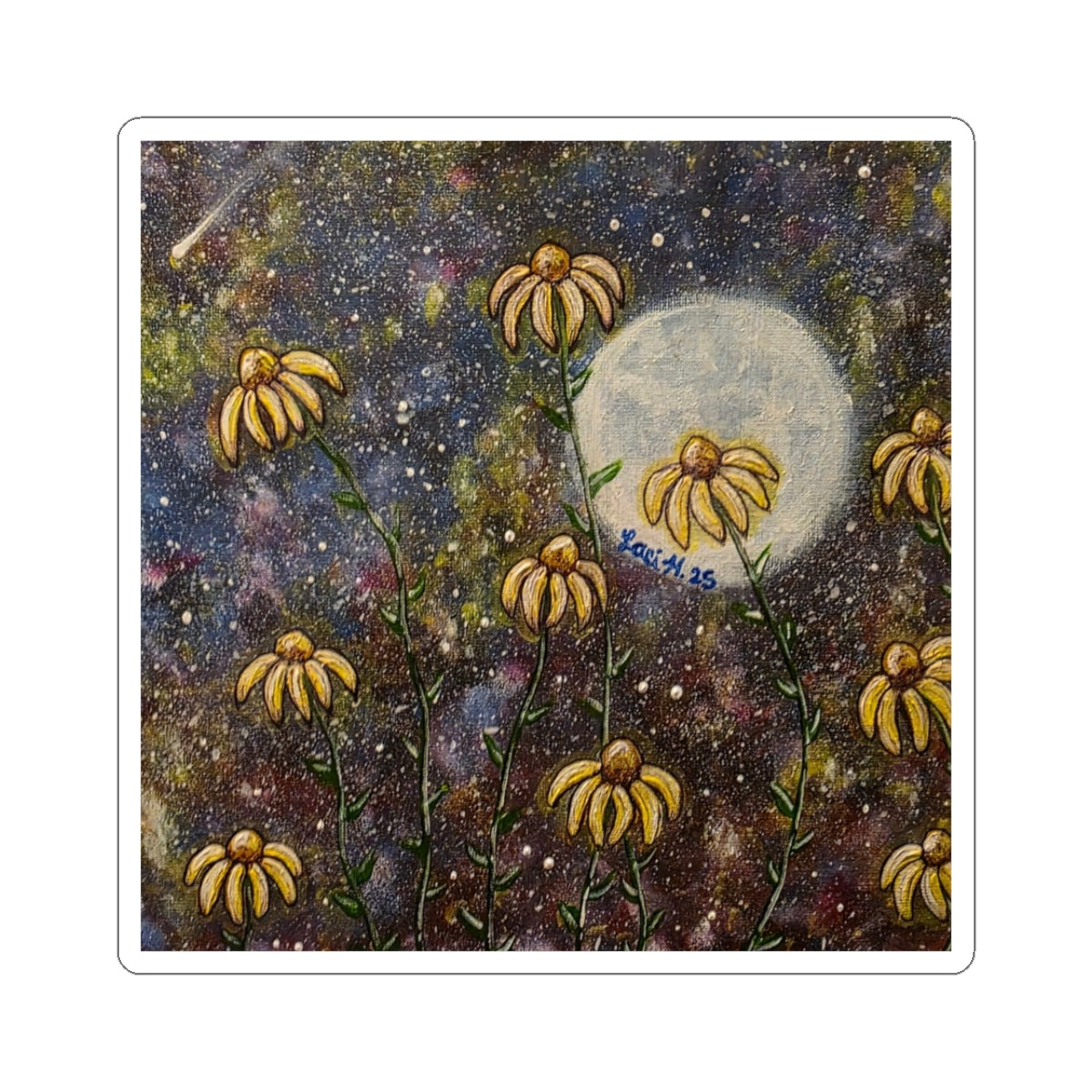 Moonlit Coneflowers Kiss-Cut Sticker — Floral Night Sky Sticker for Laptops, Water Bottles & Journals
