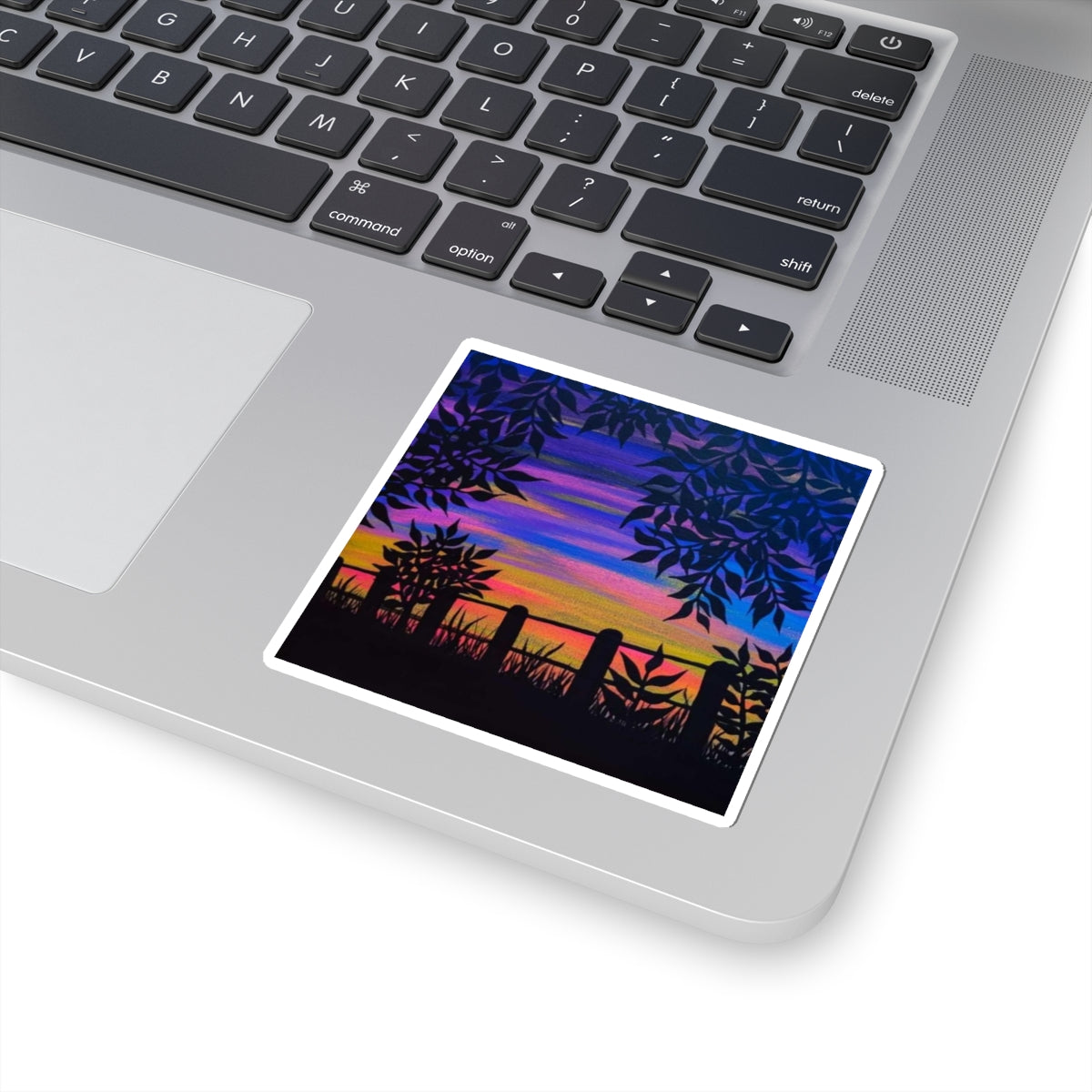 Sunset Silhouette Kiss-Cut Sticker — Colorful Evening Landscape Sticker